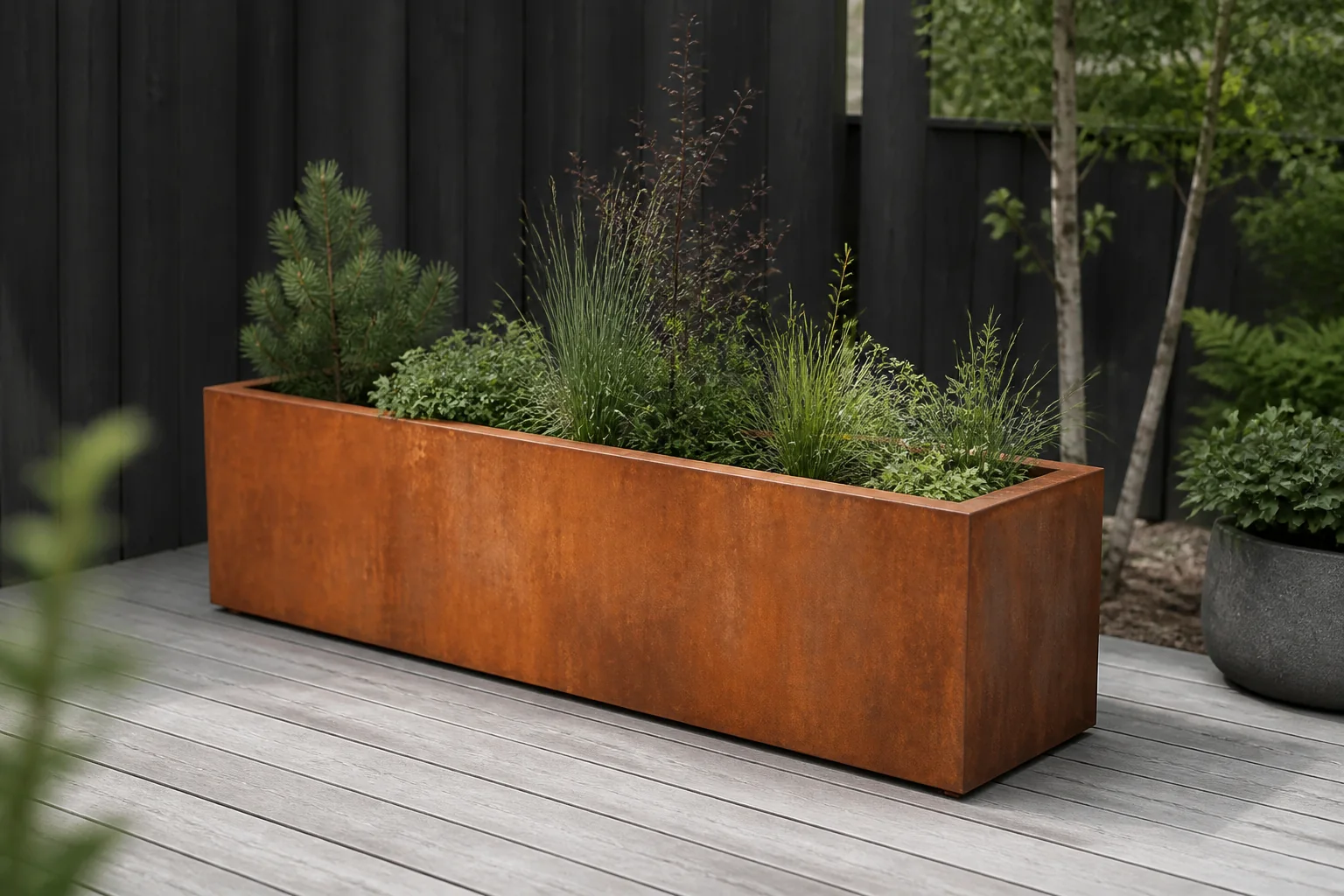 Sfeerfoto van Geroba Artesa Rechthoekige plantenbakken Cortenstaal 1500 x 300 x 800 mm – oranje