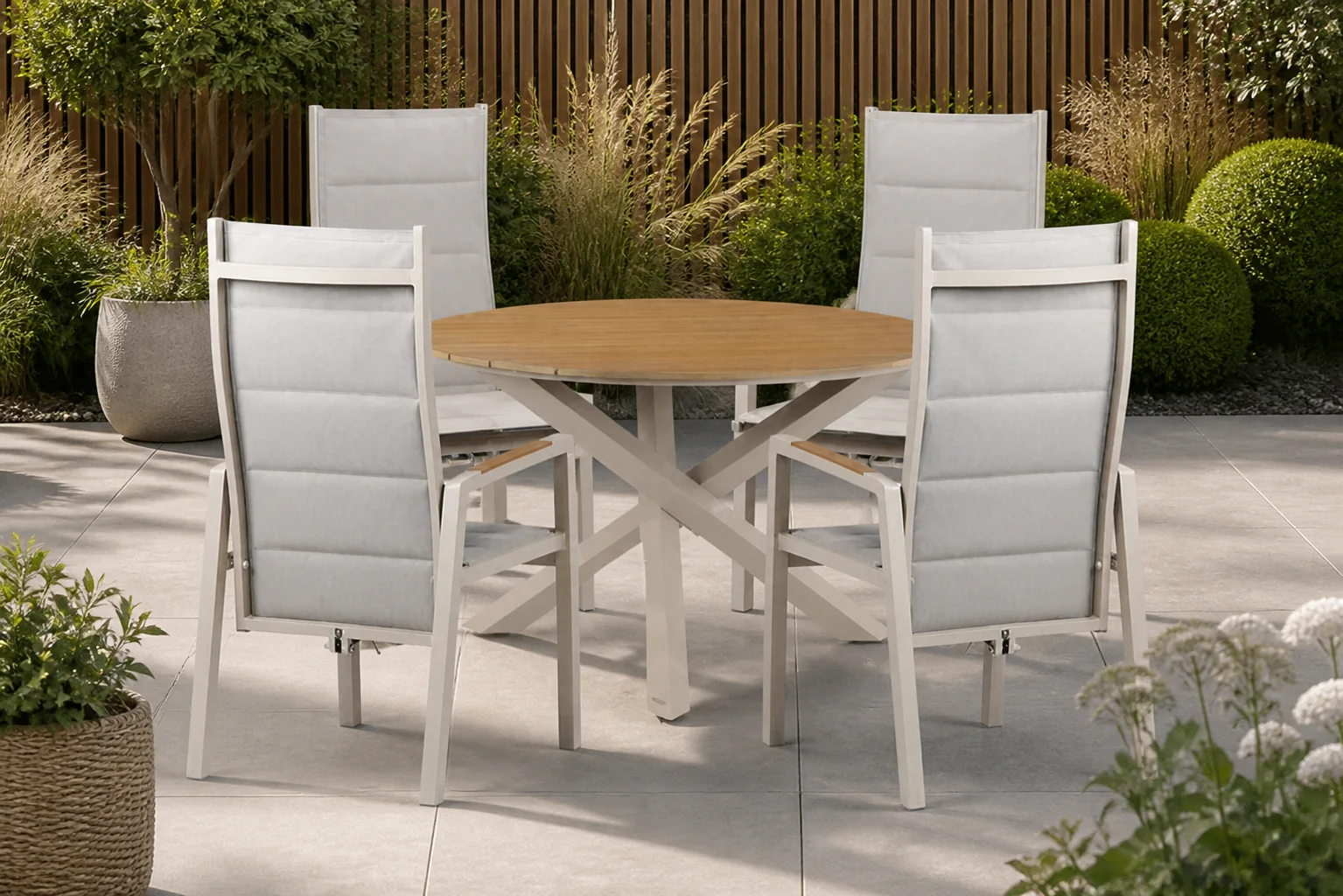 Sfeerfoto van Lifestyle Garden Furniture Essence/Ancona 125 cm dining tuinset 5-delig – Taupe-naturel-bruin