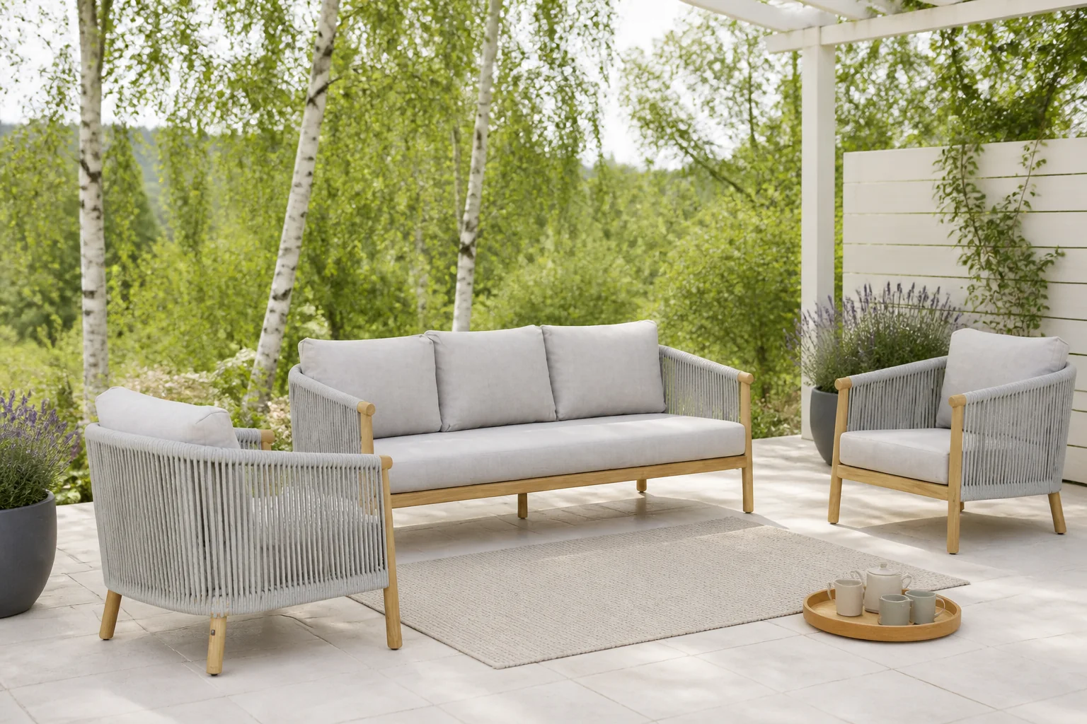 Sfeerfoto van Lifestyle Garden Furniture Bloom stoel-bank loungeset 3-delig – Grijs-antraciet