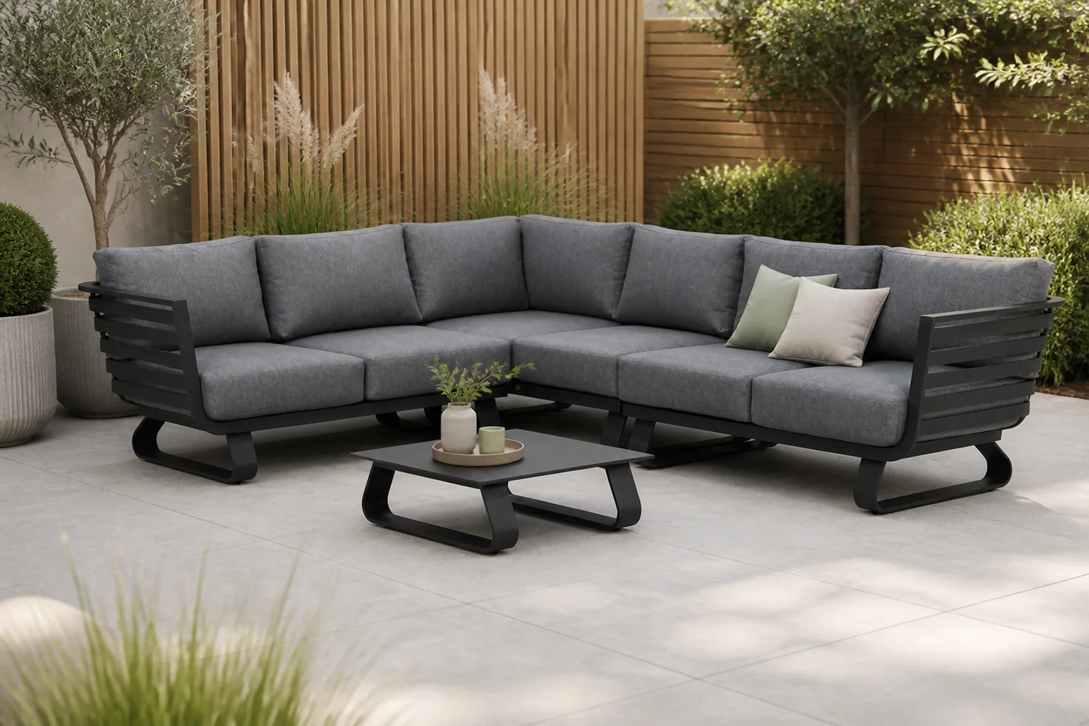 Sfeerfoto van Santika Furniture Sovita hoek loungeset 5-delig – Grijs-antraciet