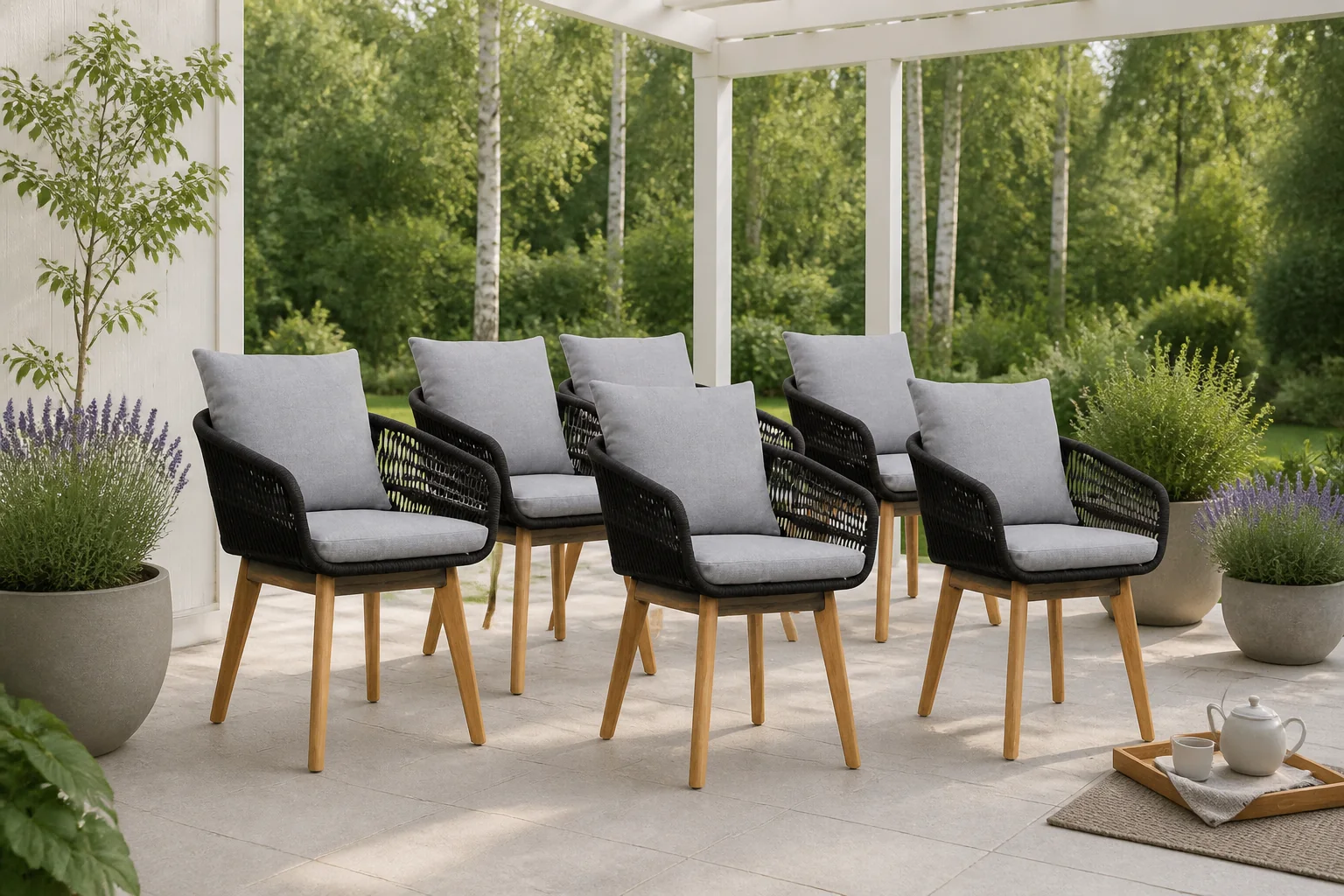 Sfeerfoto van BUITEN living Bella dining tuinstoel set van 6 | touw + hardhout | zwart