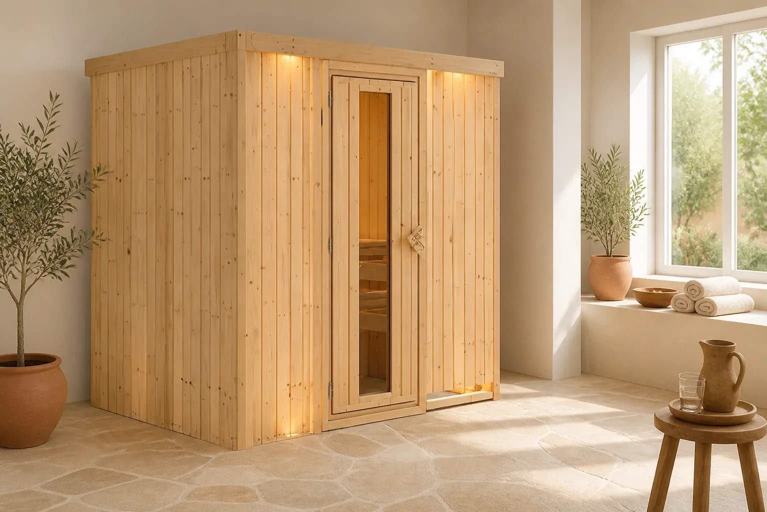 Sfeerfoto van Karibu | Fanja Sauna met Dakkraag | Helderglas Deur | Kachel 3,6 kW Geïntegreerde Bediening