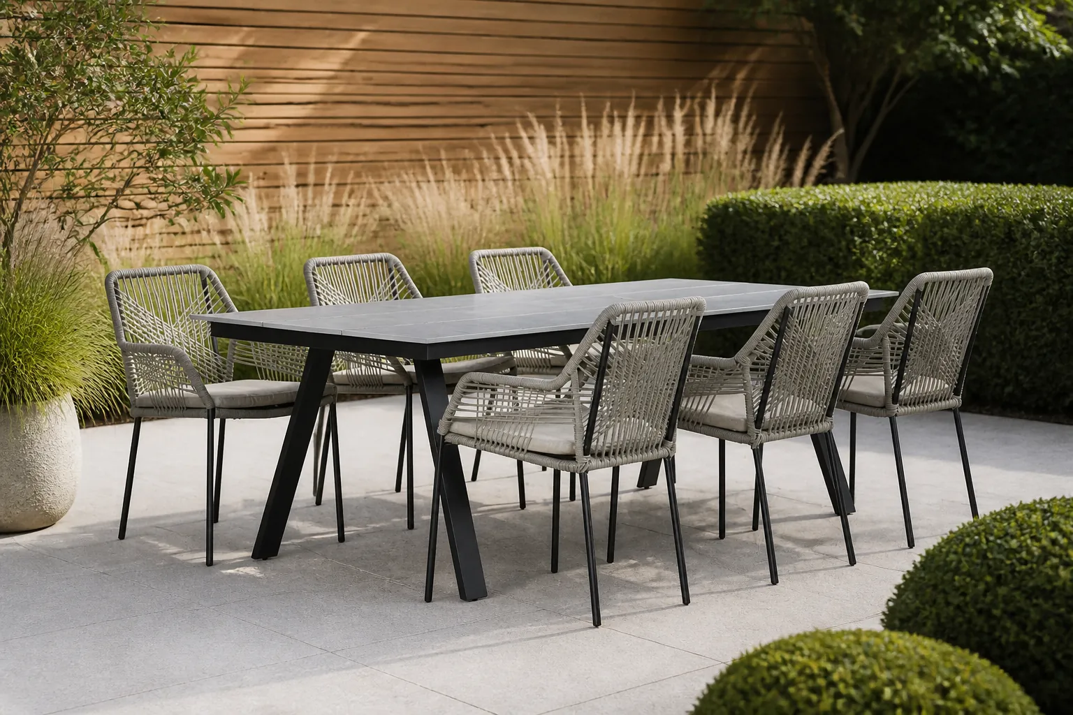 Sfeerfoto van LUX outdoor living Oslo Grey/Seville zand dining tuinset | 6 personen | polywood + touw | 220cm – Zwart, Grijs