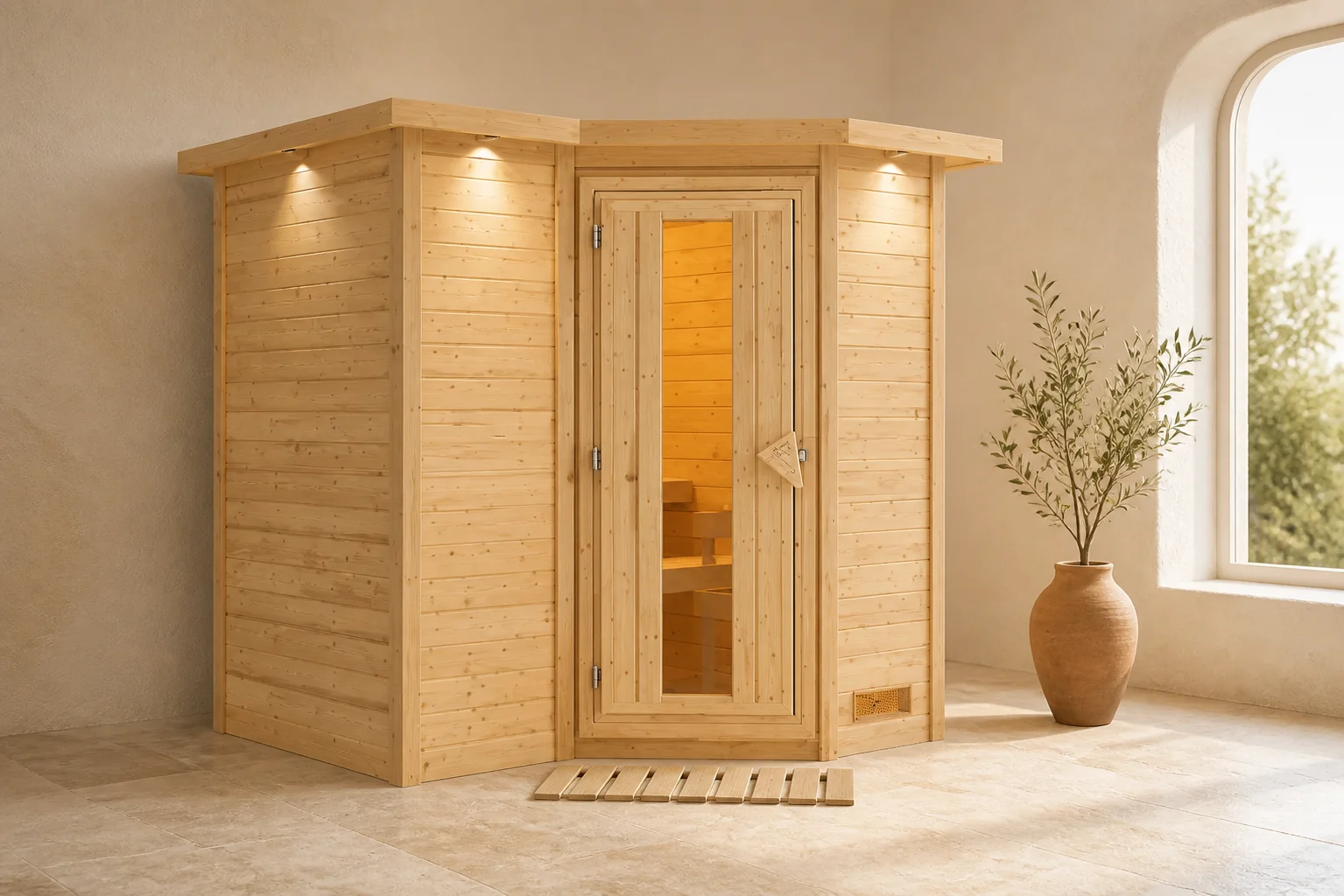 Sfeerfoto van Karibu | Sahib 2 Sauna met Dakkraag | Energiesparende Deur