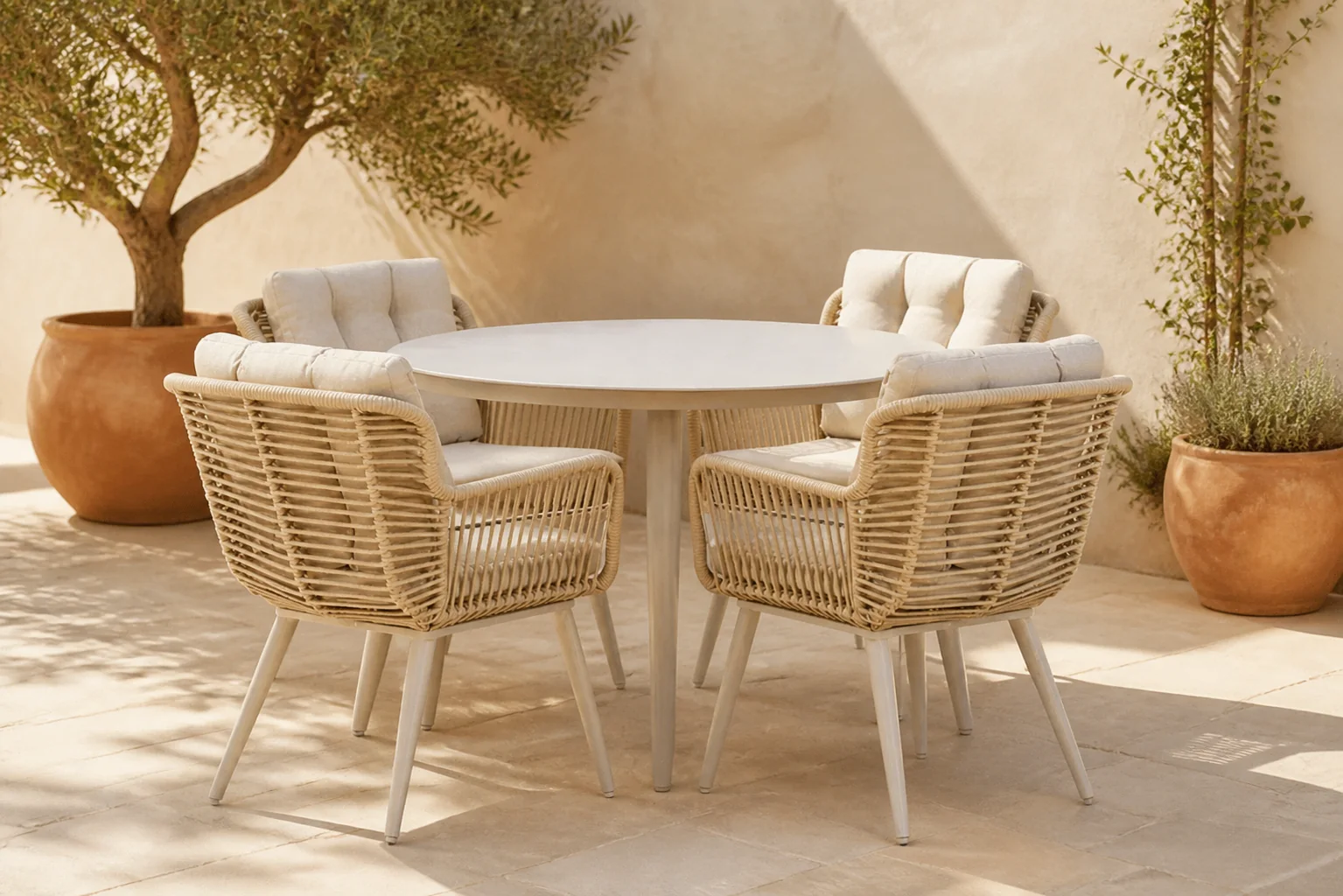 Sfeerfoto van Coco Custa/Vienna 120 cm dining tuinset 5-delig – Taupe-naturel-bruin