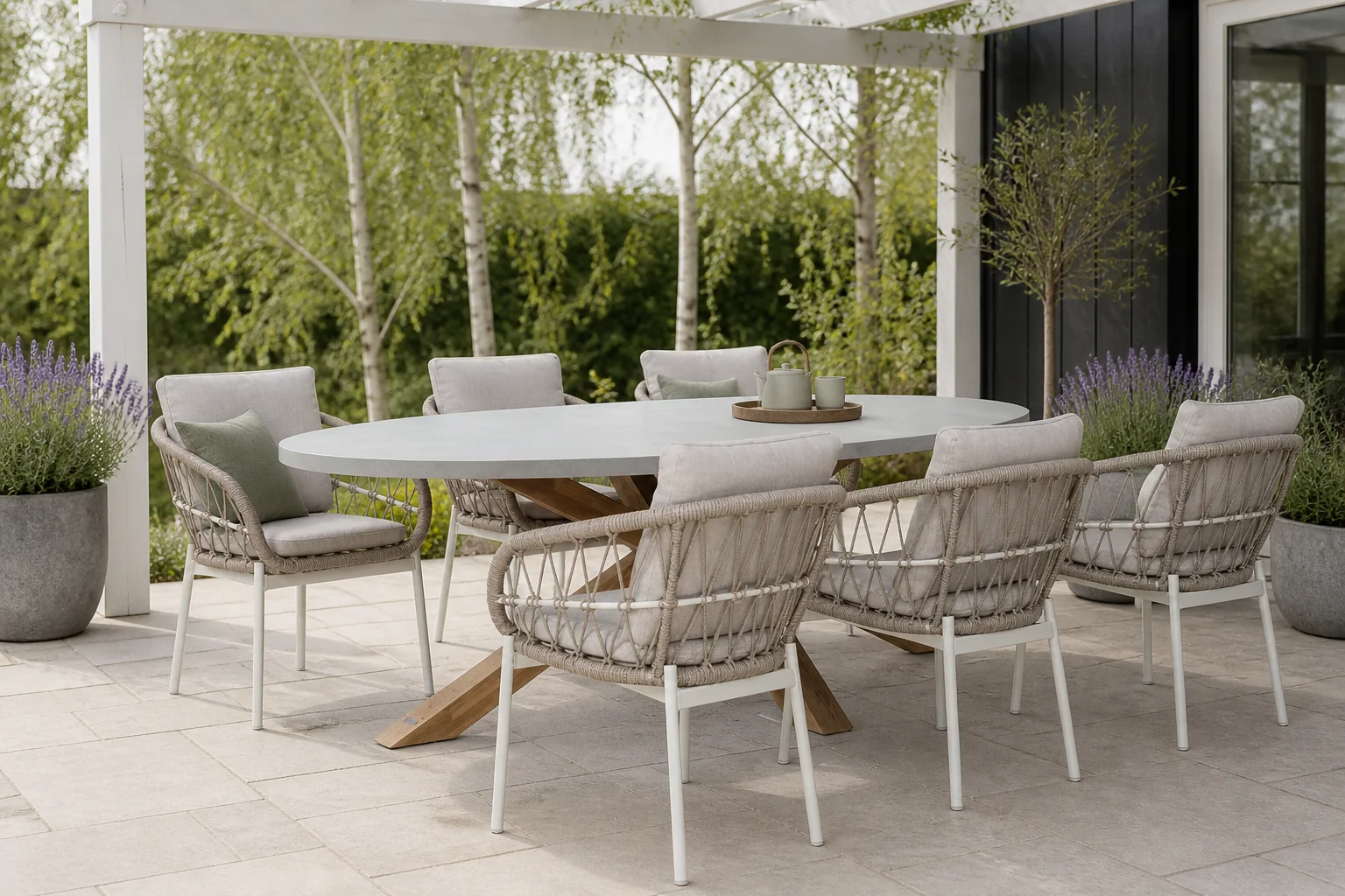 Sfeerfoto van BUITEN living Livorno/Dakota beige/wit dining tuinset | 6 personen | betonlook + touw | 240cm ovaal – Taupe – Naturel – Bruin, Light Teak, Betonlook