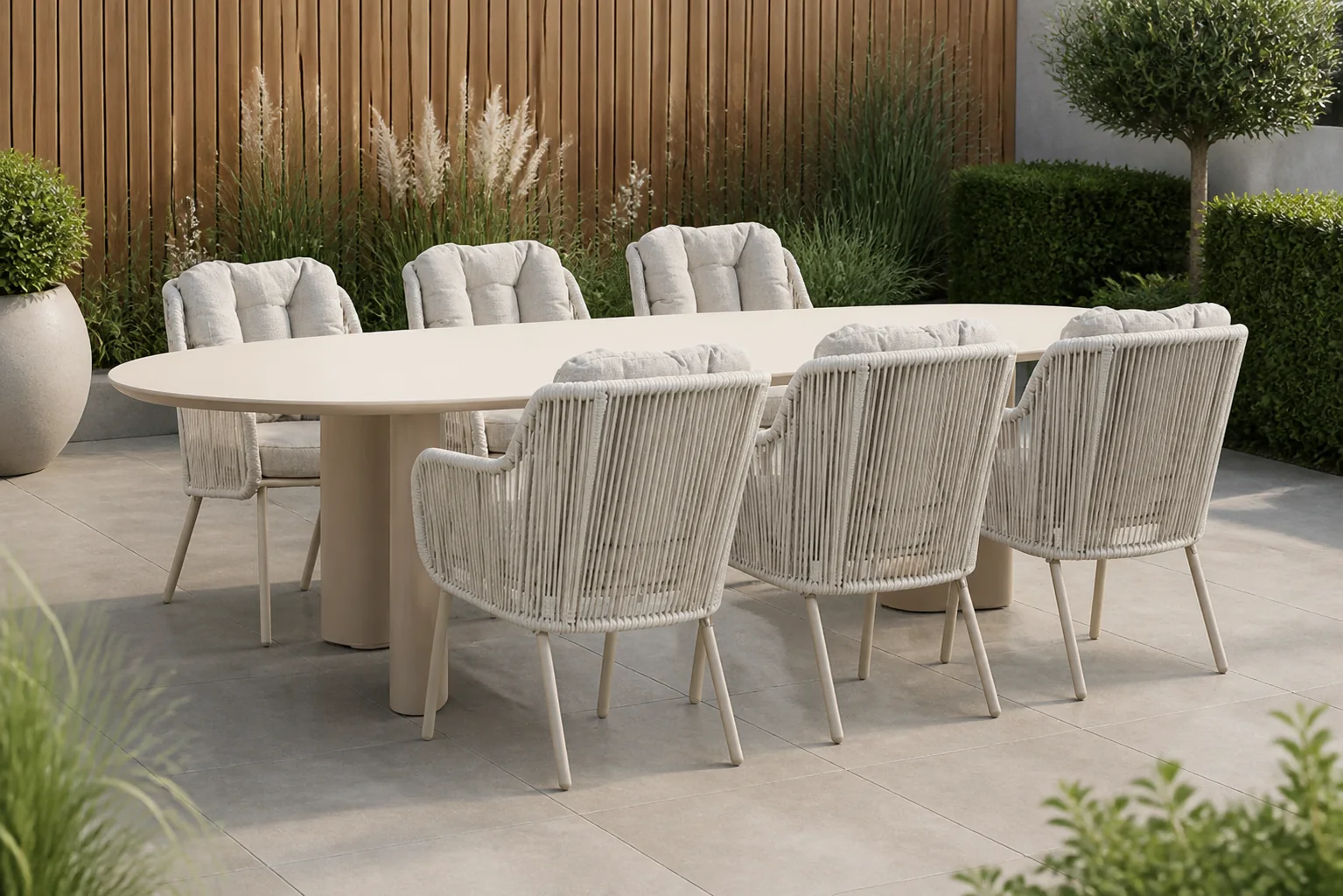 Sfeerfoto van Santika Furniture Nanda/Weave 240 cm dining tuinset 7-delig – Taupe-naturel-bruin