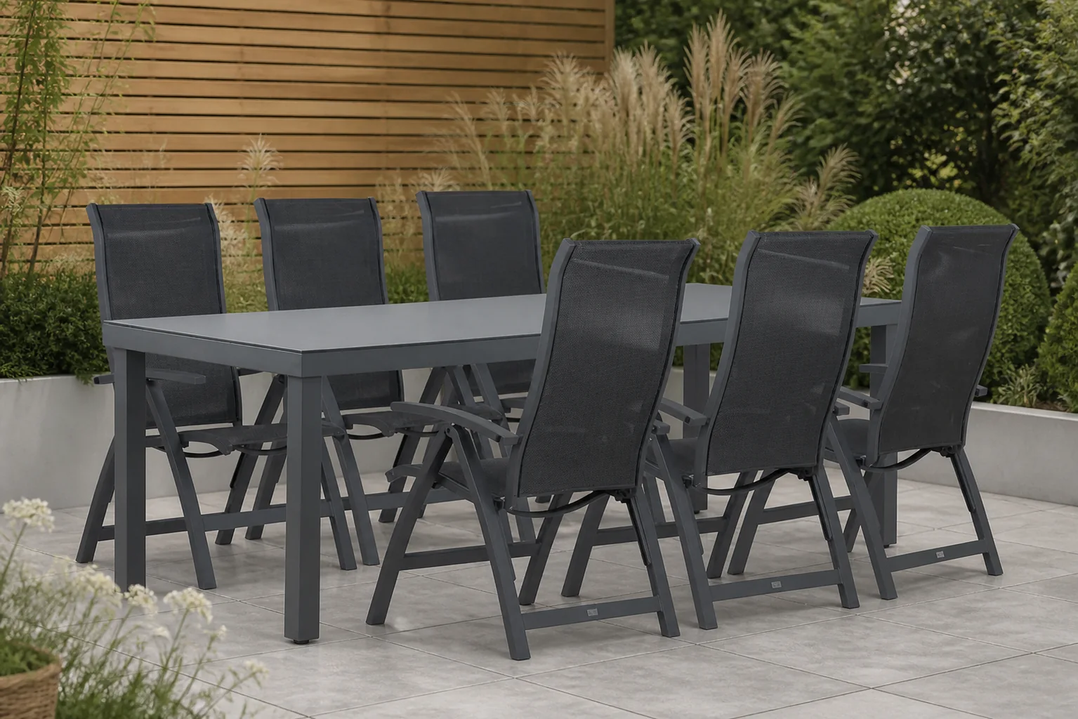 Sfeerfoto van Presto Lucardo/Porto 220 cm dining tuinset 7-delig – Grijs-antraciet