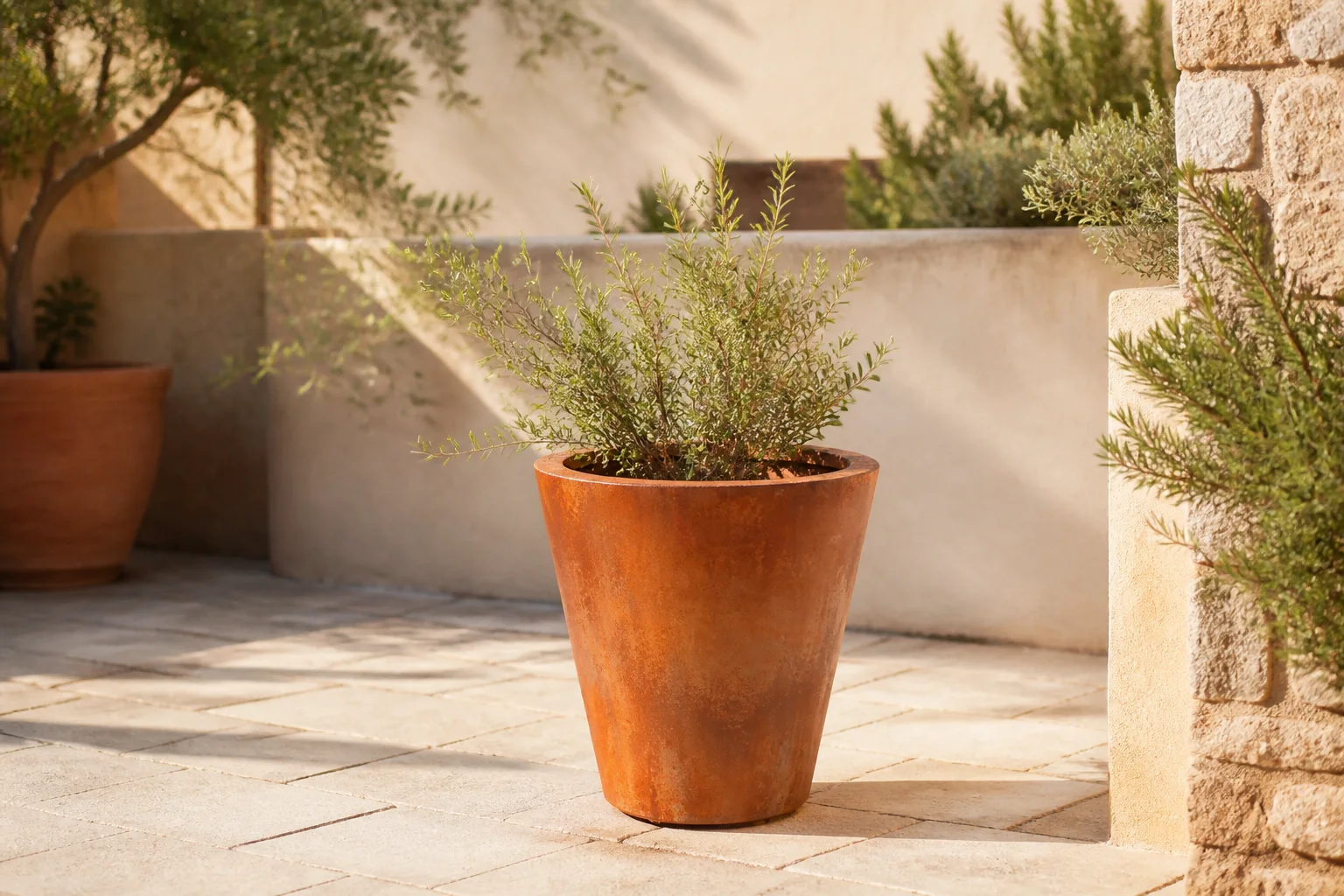 Sfeerfoto van Geroba Plantenbak Conica roestkleurig 80×100 cm – bruin