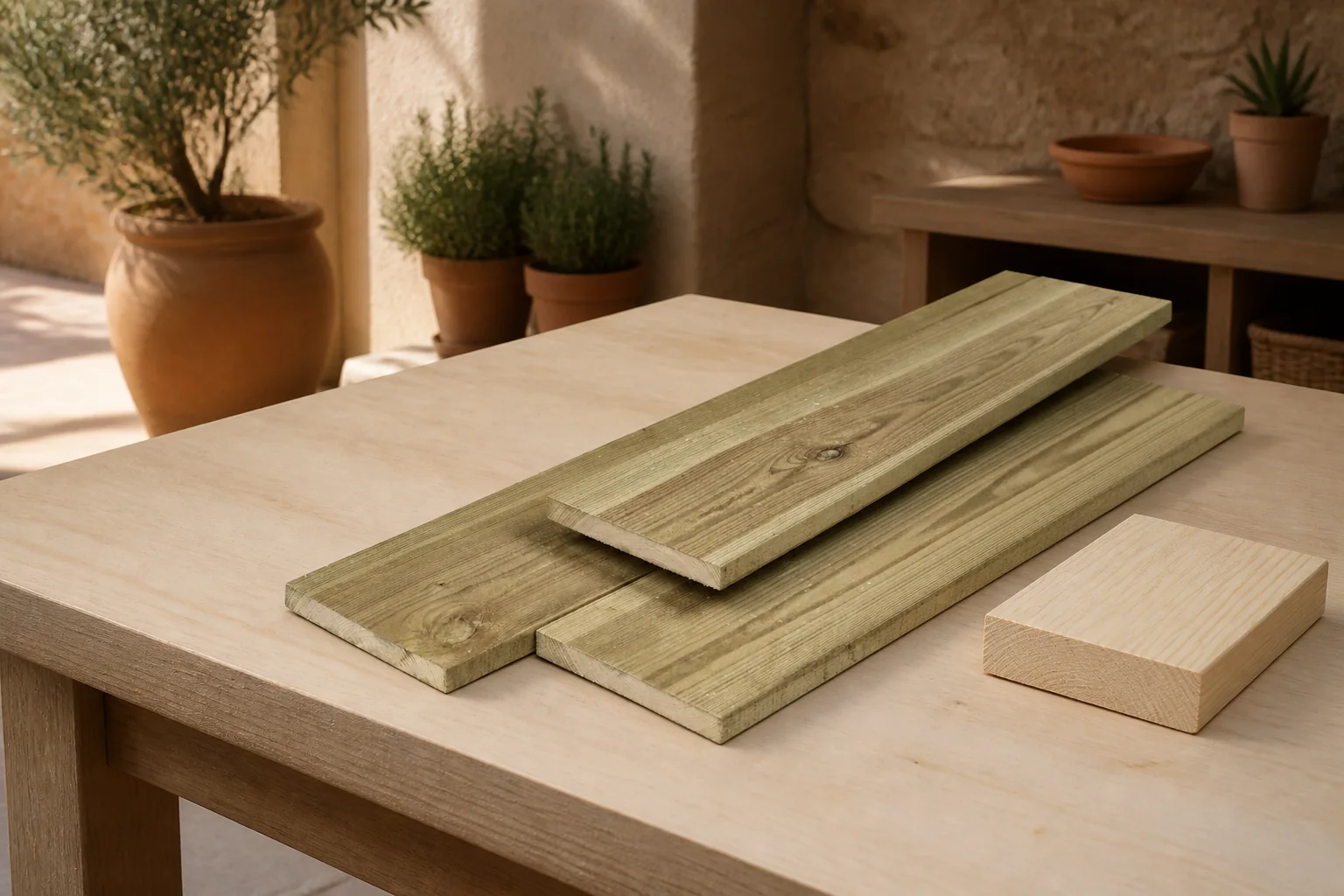 Sfeerfoto van Tuindeco Midden-Europees grenen tuinplank gedroogd, groen geimpregneerd, geschaafd 4rh 1,6 x 14,0 x 180 cm