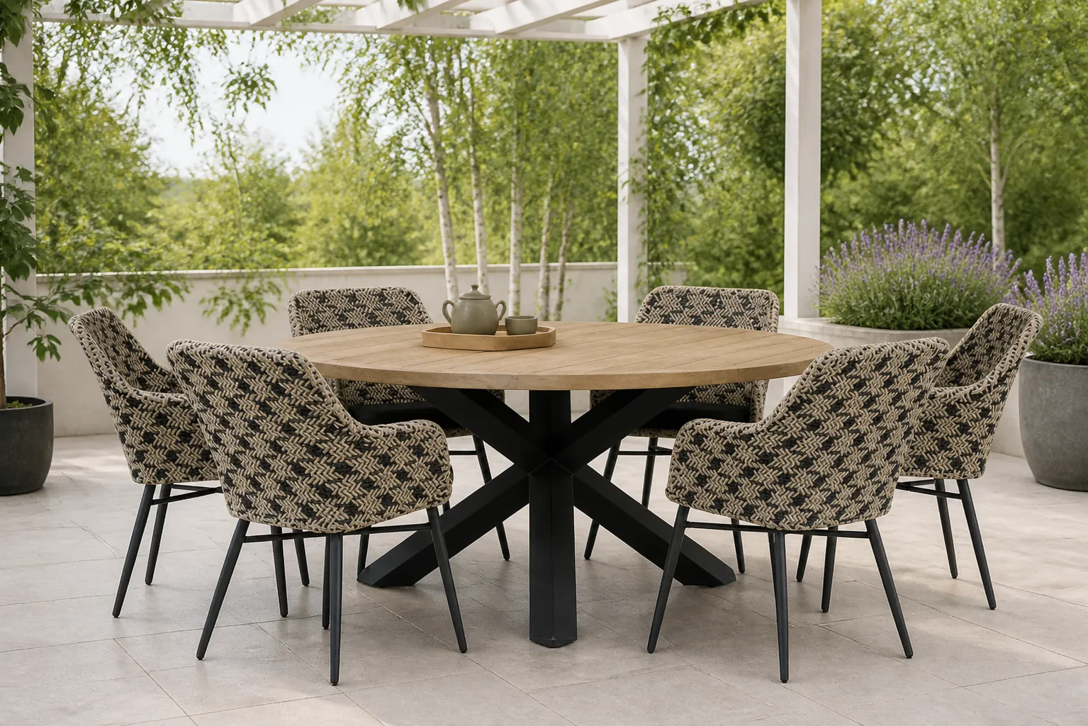 Sfeerfoto van Lifestyle Garden Furniture Crossway/Rockville 160 cm dining tuinset 7-delig – Zwart-wit