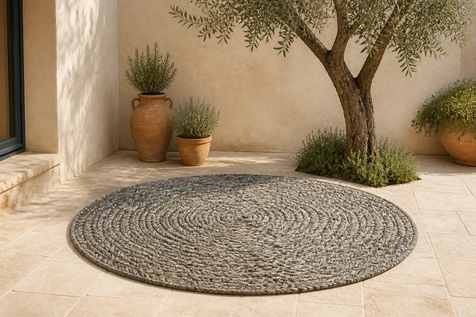 Sfeerfoto van Apple Bee | Swirl Outdoor Vloerkleed Ø300 cm | Taupe