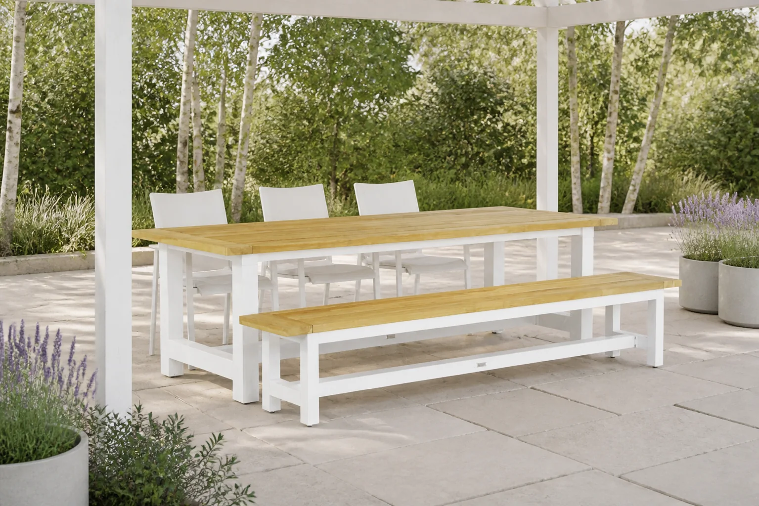 Sfeerfoto van Lifestyle Garden Furniture Brandon/Los Angeles 260 cm dining tuinset 5-delig – Wit
