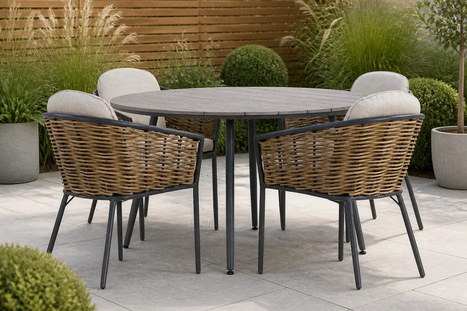 Sfeerfoto van Lifestyle Garden Furniture Nice/Matale 125 cm dining tuinset 5-delig – Grijs-antraciet