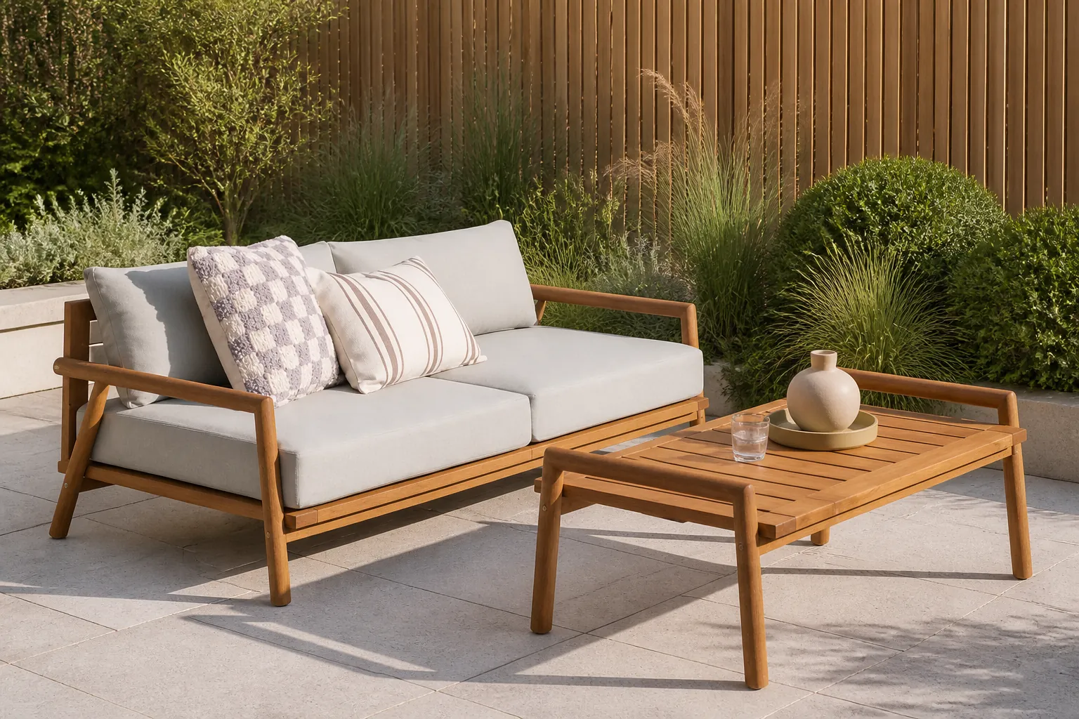Sfeerfoto van NOUS Garden loungebank Almonte – Teak/lichtgrijs