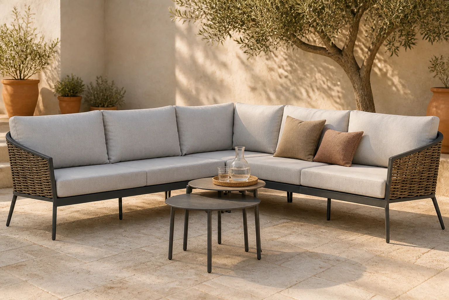 Sfeerfoto van Coco Ewa/Pacific 45/60 cm hoek loungeset 5-delig – Taupe-naturel-bruin