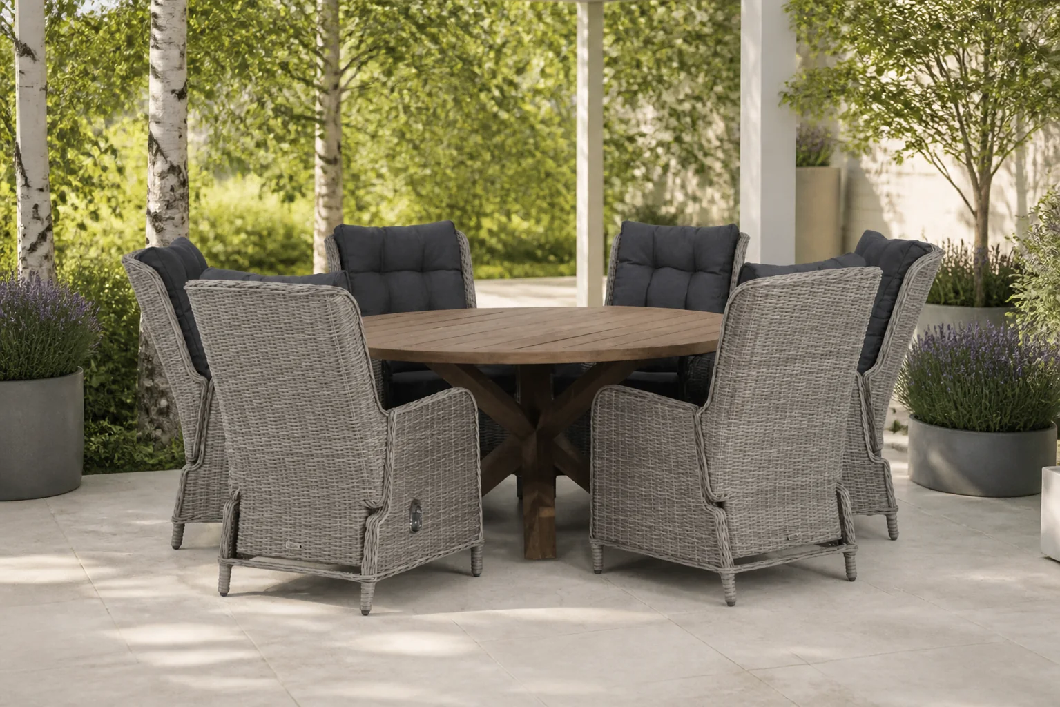 Sfeerfoto van Garden Collections Kingston/Sand City 160 cm rond dining tuinset 7-delig – Grijs-antraciet