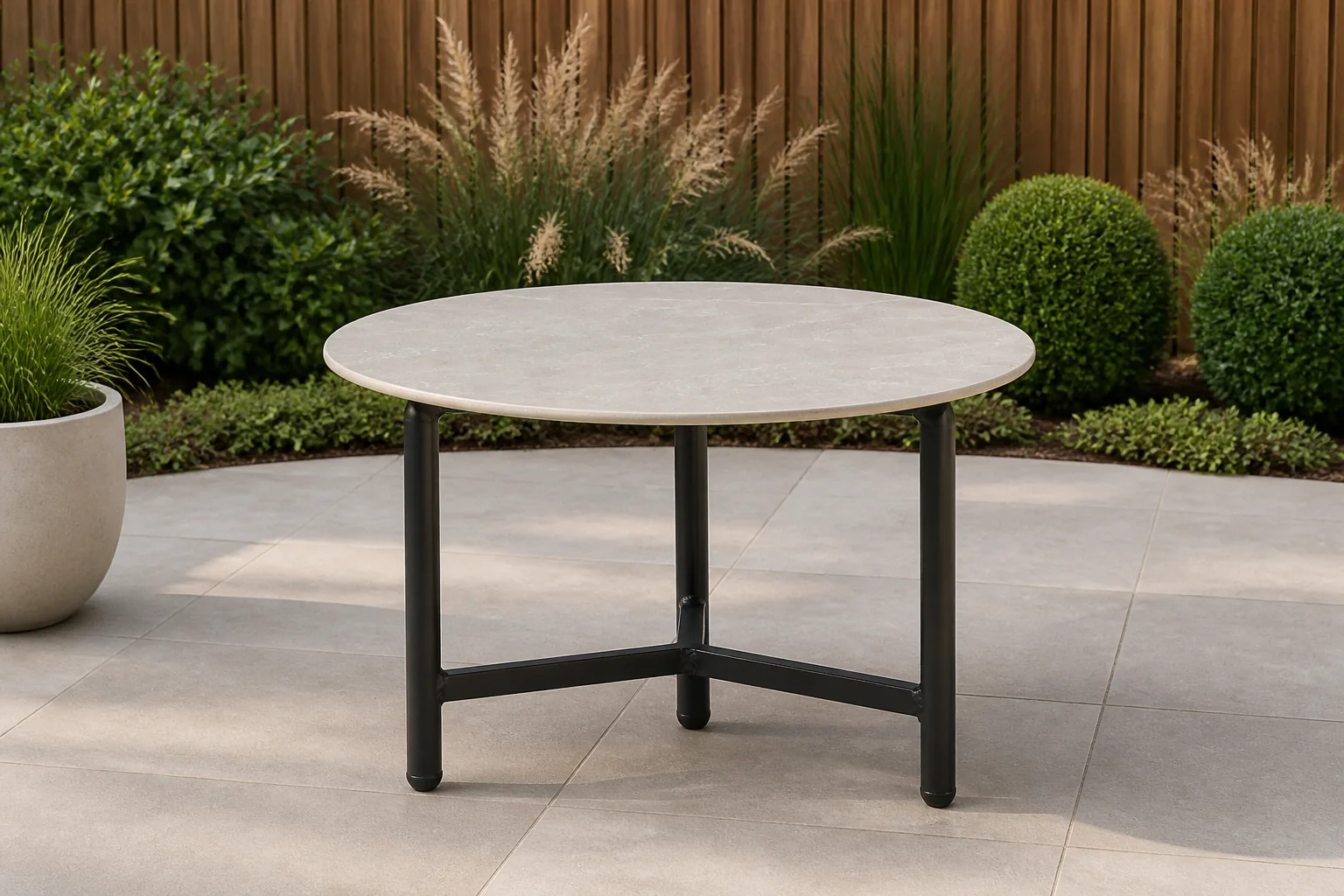Sfeerfoto van LUX outdoor living Logan koffietafel | sintered stone + aluminium | Marble Grey | 50cm rond