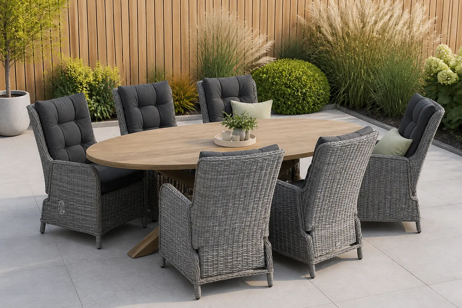 Sfeerfoto van Garden Collections Kingston/Boston 240 cm ovaal dining tuinset 7-delig – Grijs-antraciet