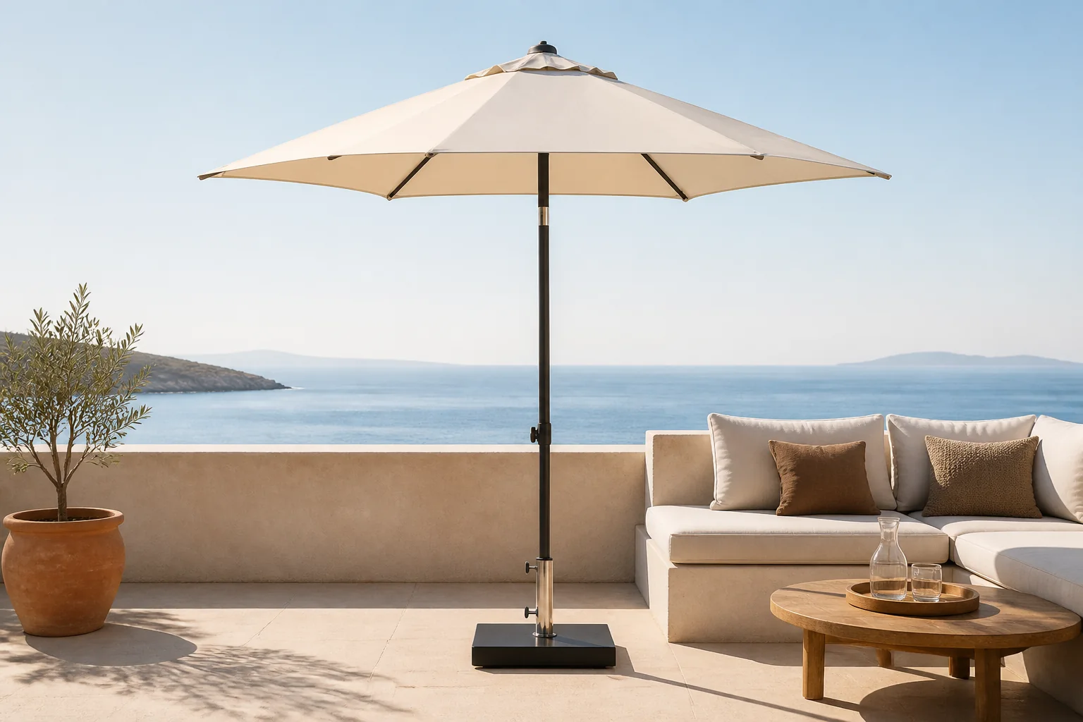 Sfeerfoto van Madison Stokparasol mykanos push-up 250 cm polyester ecru grade 6 zonwering – wit