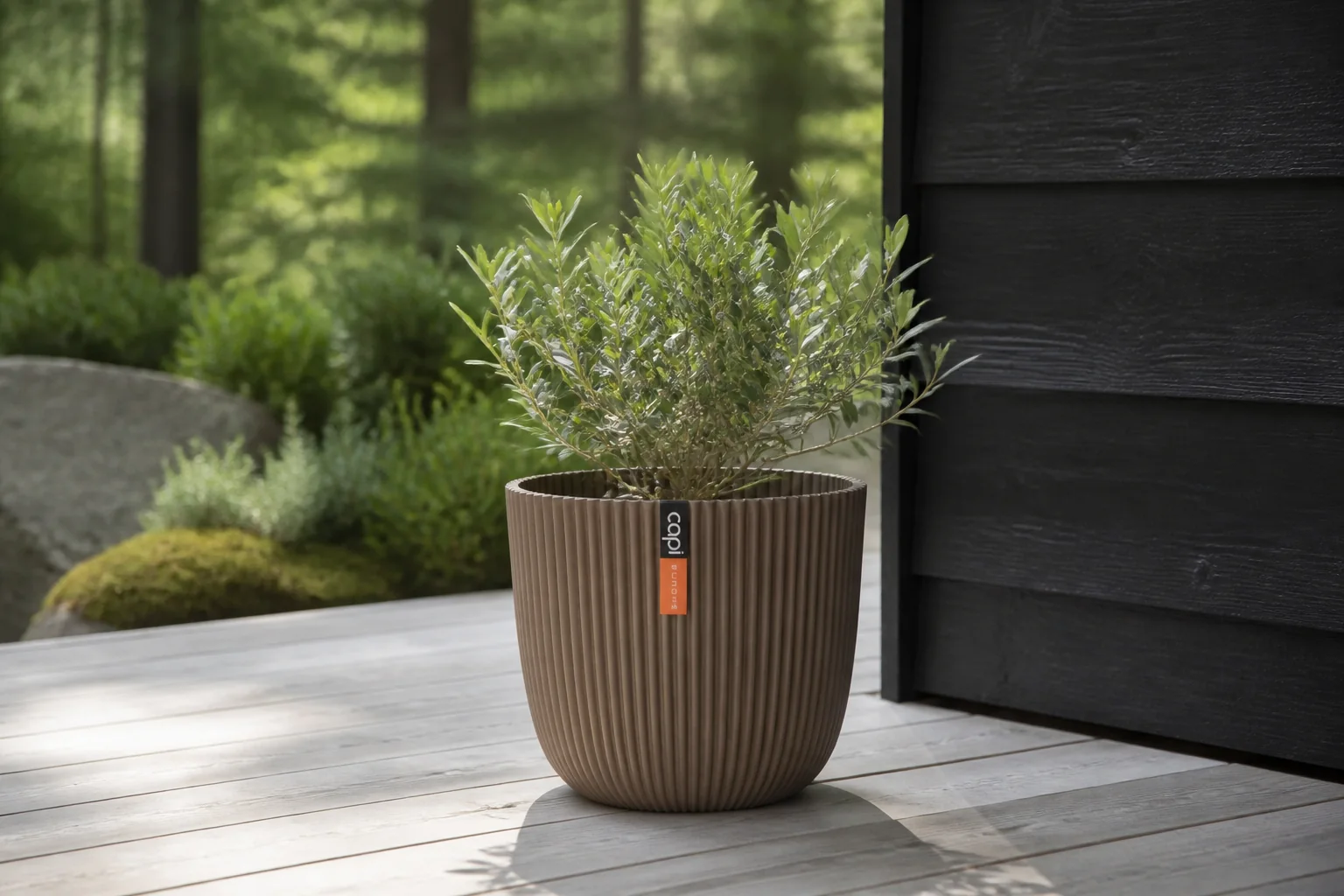 Sfeerfoto van Capi europe Pot bol Groove 13×12 warm taupe bloempot – grijs;paars;wit