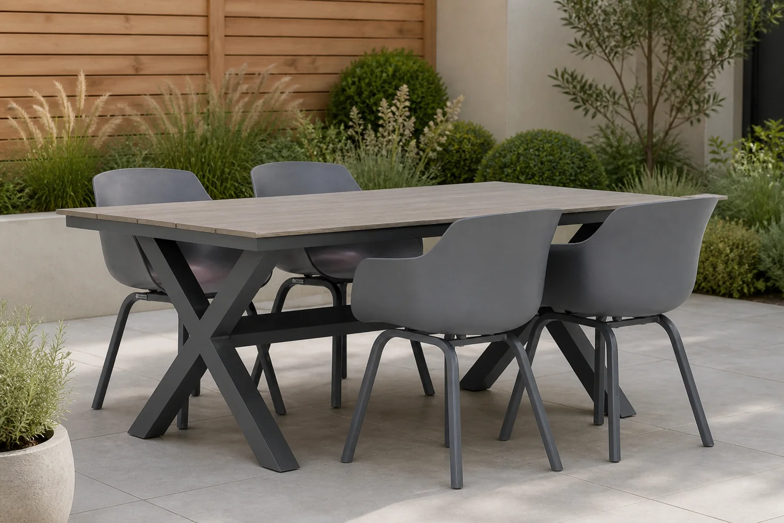Sfeerfoto van Lifestyle Garden Furniture Salina/Forest 180 cm dining tuinset 5-delig – Grijs-antraciet