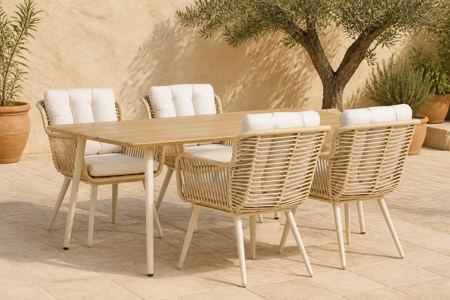 Sfeerfoto van Coco Custa/Montana 180 cm dining tuinset 5-delig – Taupe-naturel-bruin