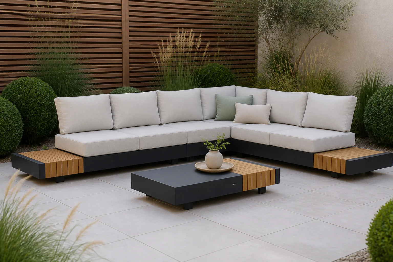 Sfeerfoto van Santika Furniture Misaki hoek loungeset 5-delig – Grijs-antraciet