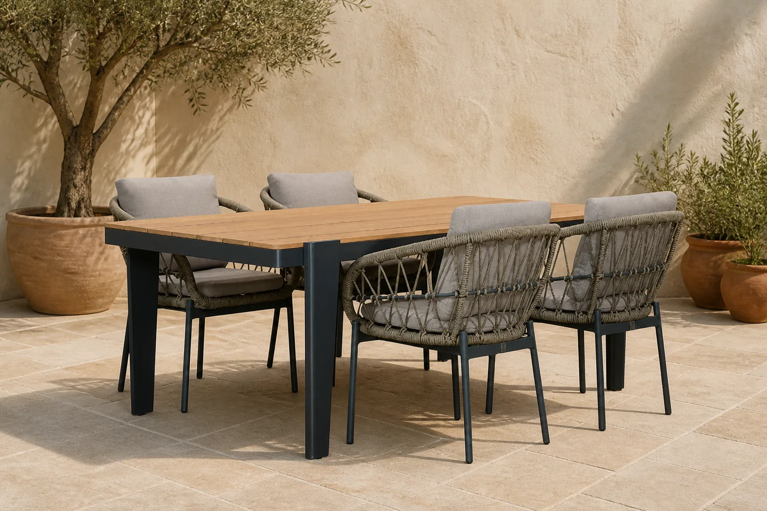 Sfeerfoto van LUX outdoor living Vigo/Dakota beige/antraciet dining tuinset | 4 personen | teakhout + touw | 200cm