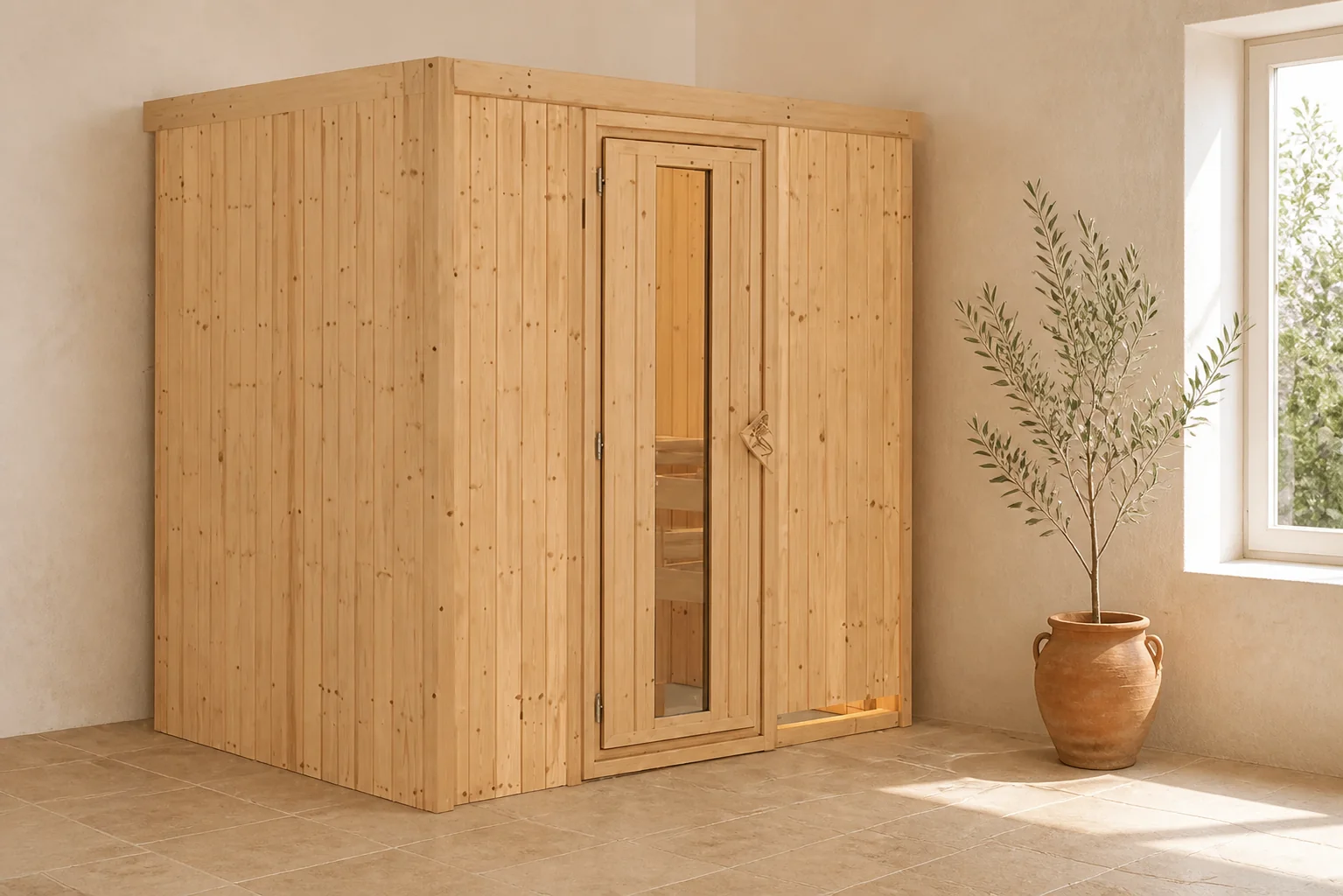 Sfeerfoto van Karibu | Fanja Sauna | Bronzeglas Deur | Kachel 3,6 kW Externe Bediening