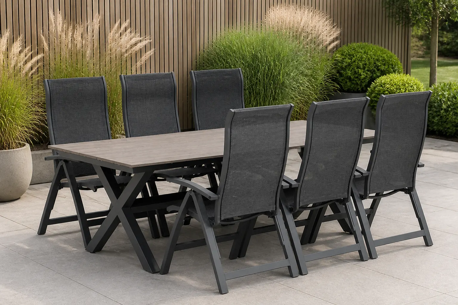 Sfeerfoto van Presto Tarenta/Forest 240 cm dining tuinset 7-delig – Grijs-antraciet