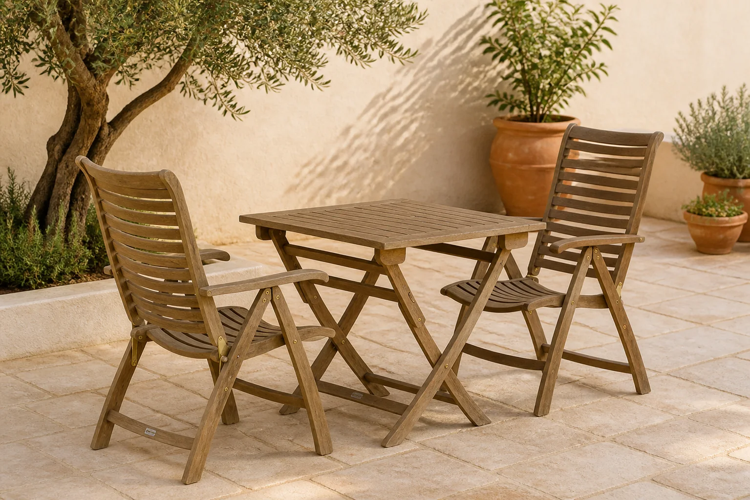 Sfeerfoto van Garden Collections Birmingham/Derby 80 cm dining tuinset 3-delig inklapbaar – Taupe-naturel-bruin