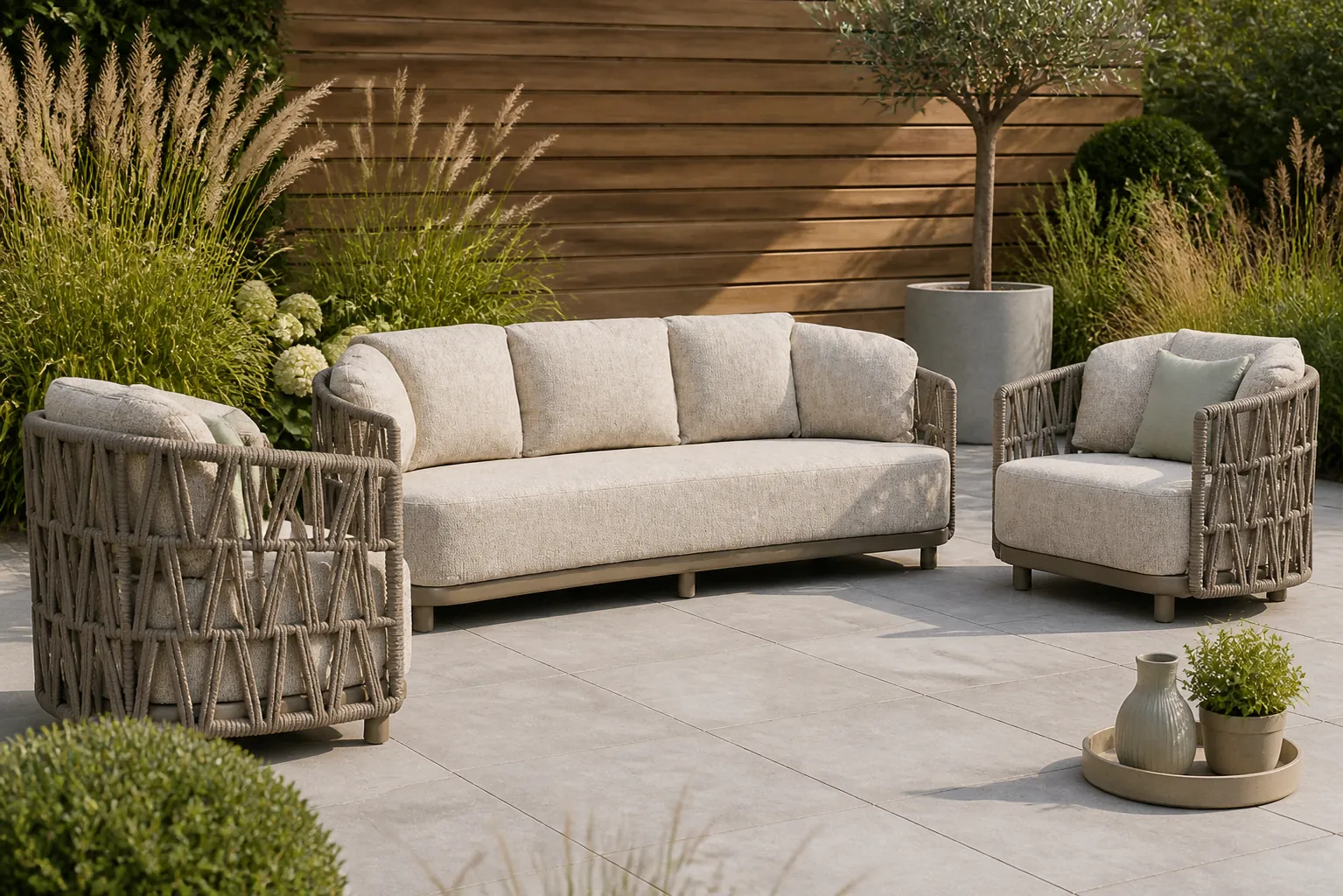 Sfeerfoto van Santika Furniture Cayora stoel-bank loungeset 3-delig – Taupe-naturel-bruin