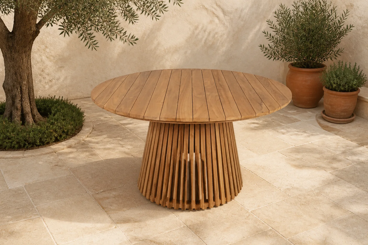 Sfeerfoto van BUITEN living Palau dining tuintafel 5 personen | teakhout | Natural Teak | Ø140cm rond