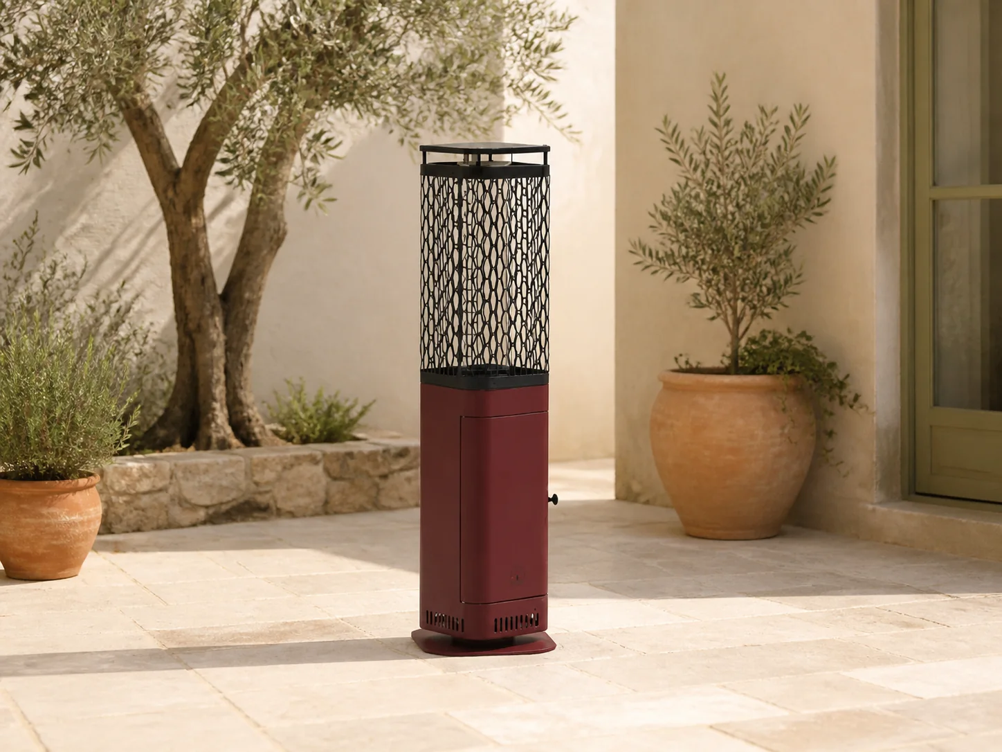 Sfeerfoto van Monti HeatLine + 15% kassakorting | Blaze pellet terrasverwarmer 26x26x95cm – Rood