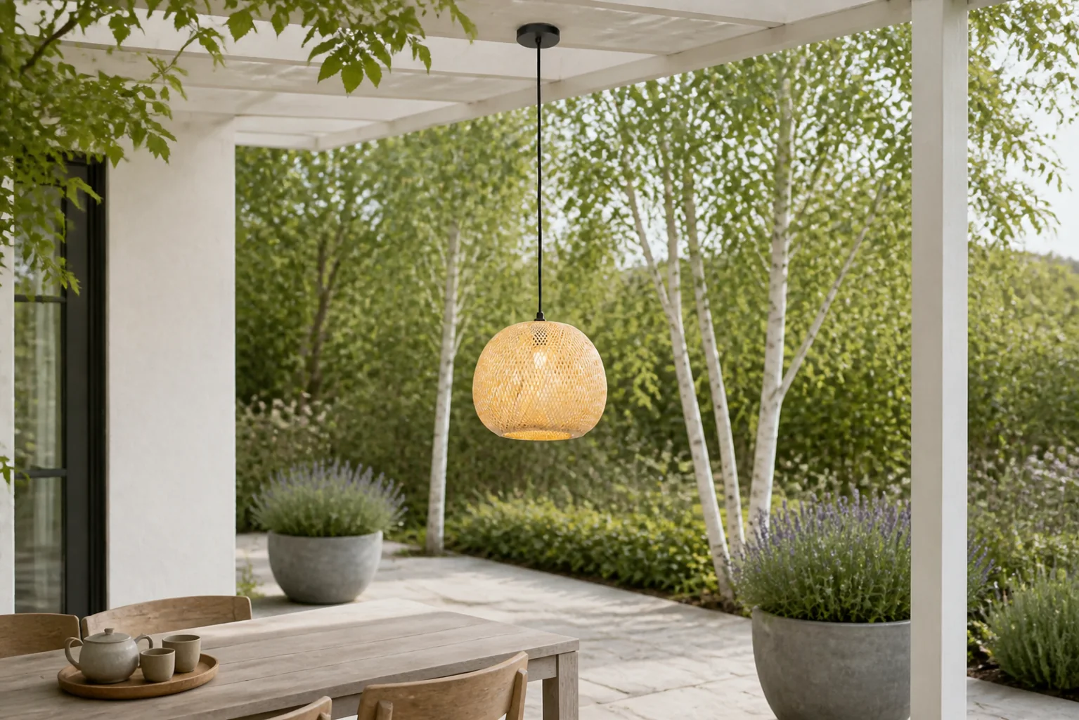 Sfeerfoto van Oosterse buiten hanglamp bamboe IP44 Rafael – Taupe-naturel-bruin