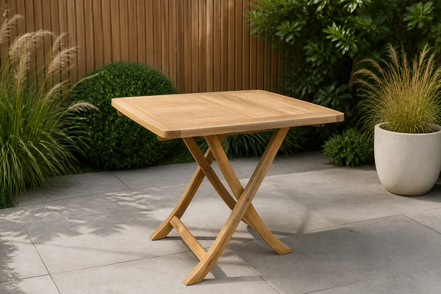 Sfeerfoto van Buitengewoon de boet Teak bijzettafel 70×70 cm Buitengewoon Boet – bruin