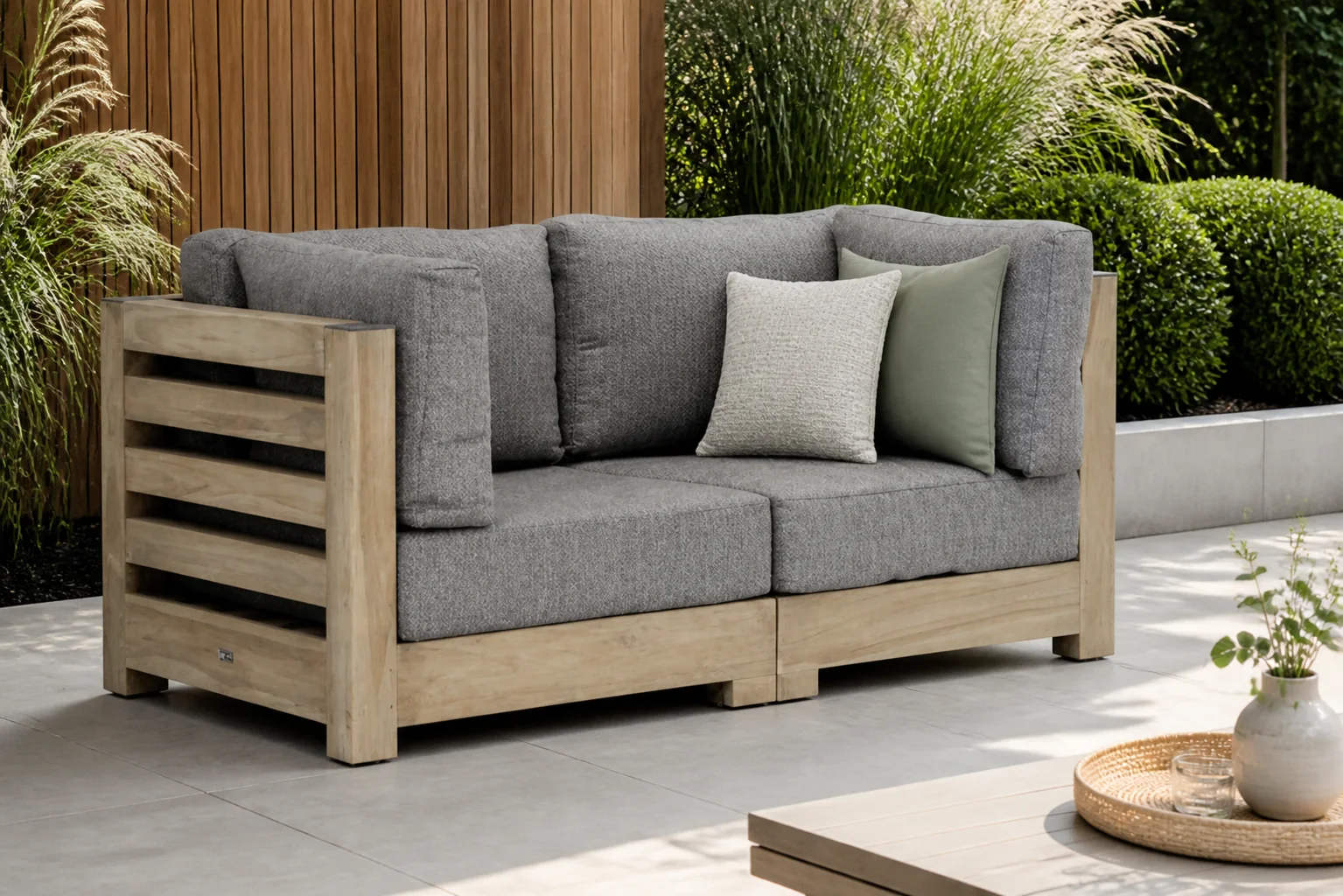 Sfeerfoto van Santika Furniture Levante lounge tuinbank 2-delig – Old teak greywash