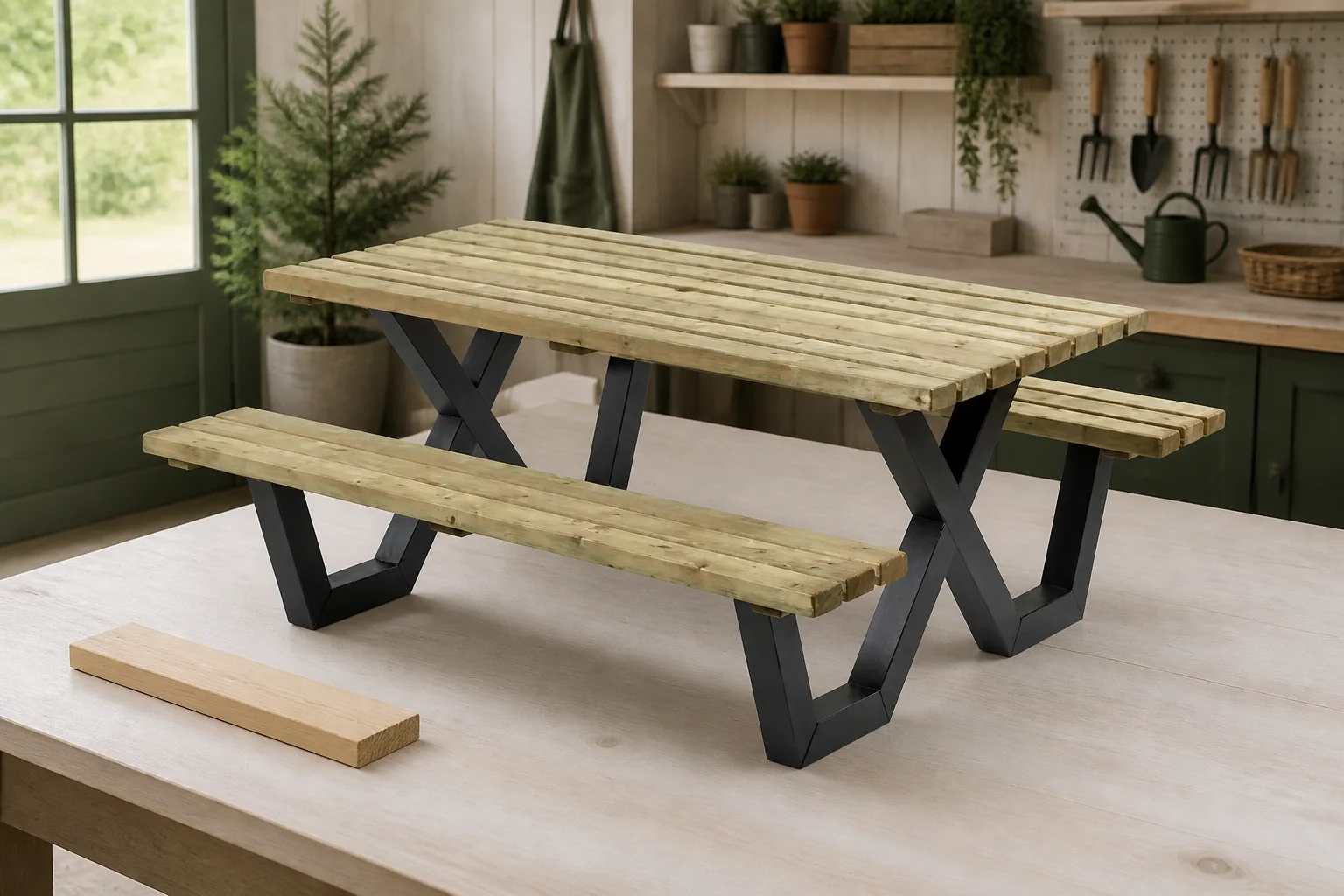 Sfeerfoto van Talen buitenmeubelen Picknicktafel geimpregneerd metalen frame 180×160 cm