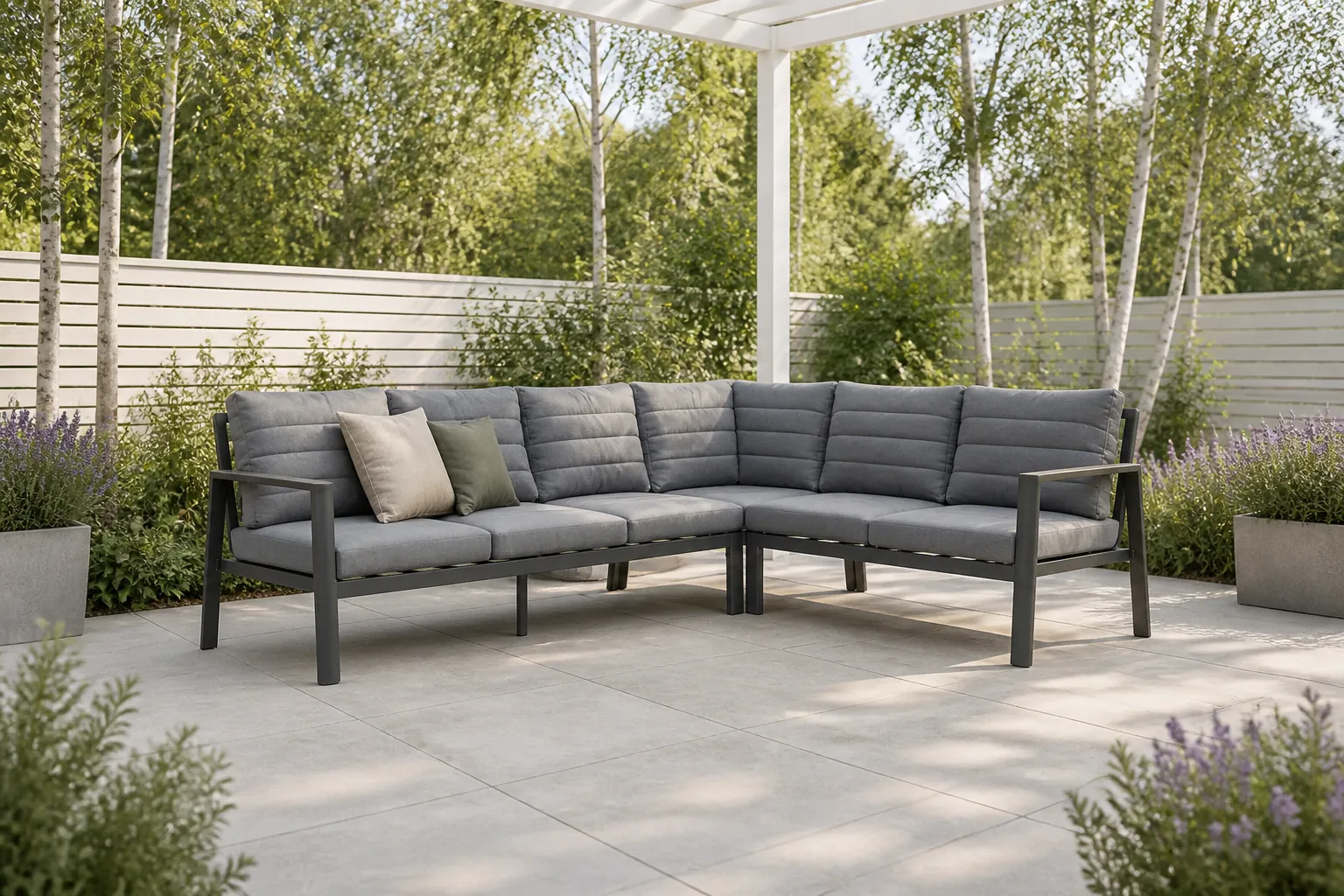 Sfeerfoto van LUX outdoor living Tokyo hoek loungeset 6 personen | aluminium + polywood | antraciet | 3-delig 264x204cm