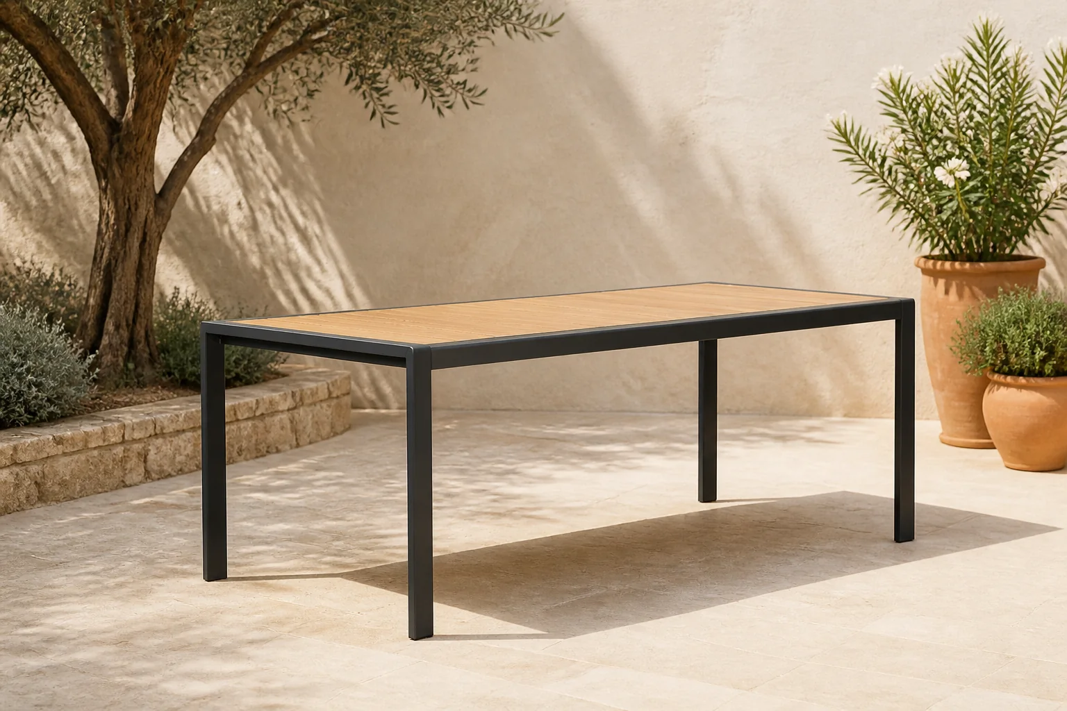 Sfeerfoto van LUX outdoor living Annecy dining tuintafel 6 personen | teakhout + aluminium | Natural Teak/antraciet | 227cm