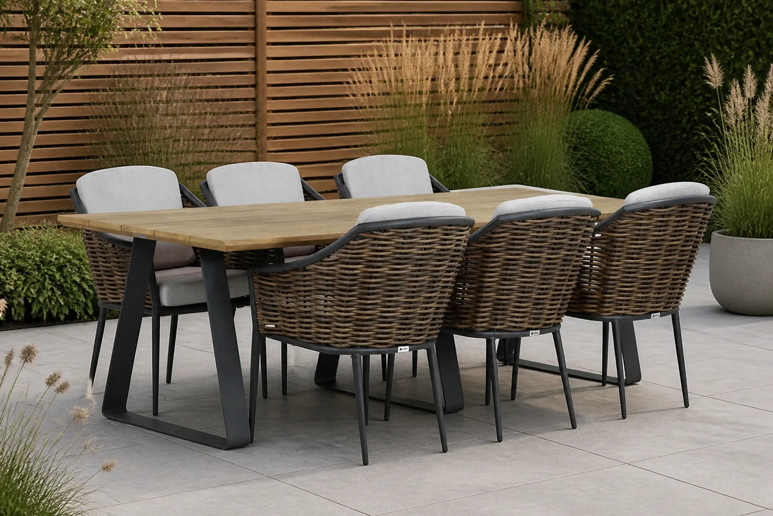 Sfeerfoto van Coco Olivine/Palta 240 cm dining tuinset 7-delig – Grijs-antraciet