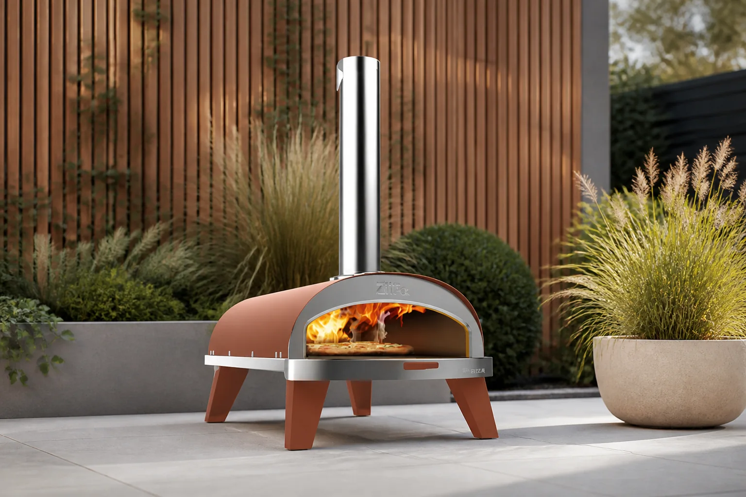 Sfeerfoto van ZiiPa Pizza Oven Piana Houtgestookt met Thermometer Terracotta voor ø 30 cm pizza’s Roterende pizzasteen – Bruin