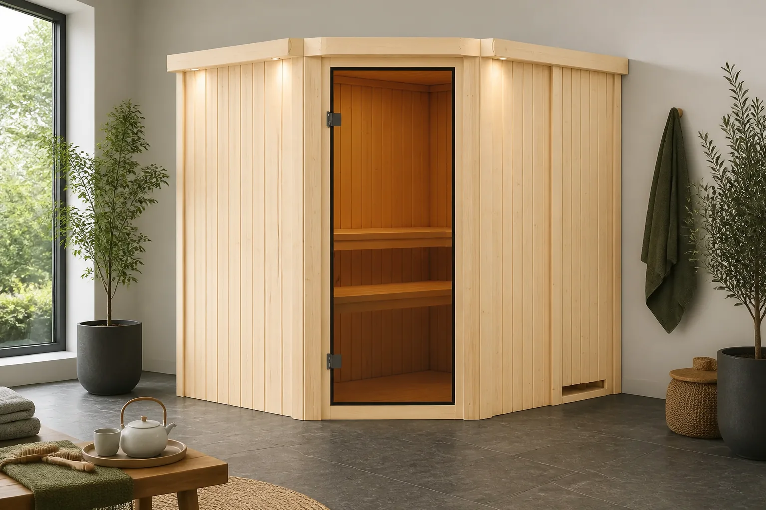 Sfeerfoto van Karibu | Lilja Sauna met Dakkraag | Antracietglas