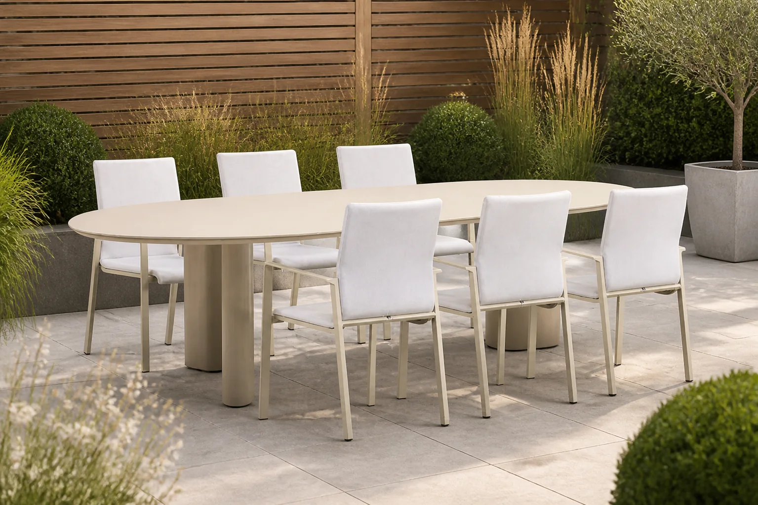 Sfeerfoto van Lifestyle Garden Furniture Rome/Weave 240 cm dining tuinset 7-delig – Taupe-naturel-bruin