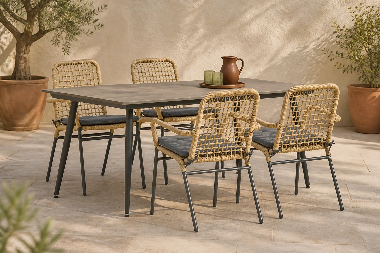 Sfeerfoto van De Laan Projects Laan Catalone/Matale 180 cm dining tuinset 5-delig – Taupe-naturel-bruin