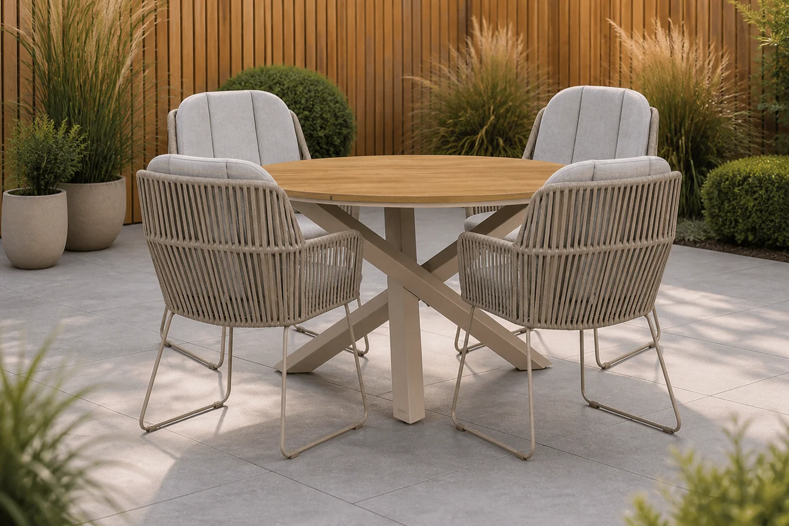 Sfeerfoto van Domani Furniture Trivento/Ancona 125 cm dining tuinset 5-delig – Taupe-naturel-bruin