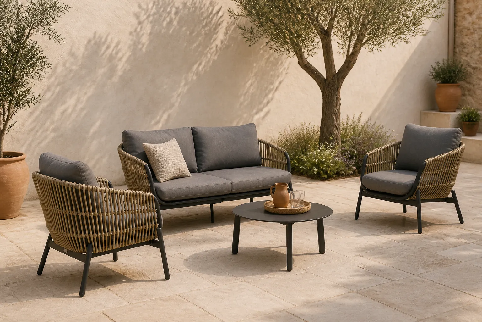 Sfeerfoto van Coco Nathan/Rimini 75 cm stoel-bank loungeset 4-delig – Taupe-naturel-bruin