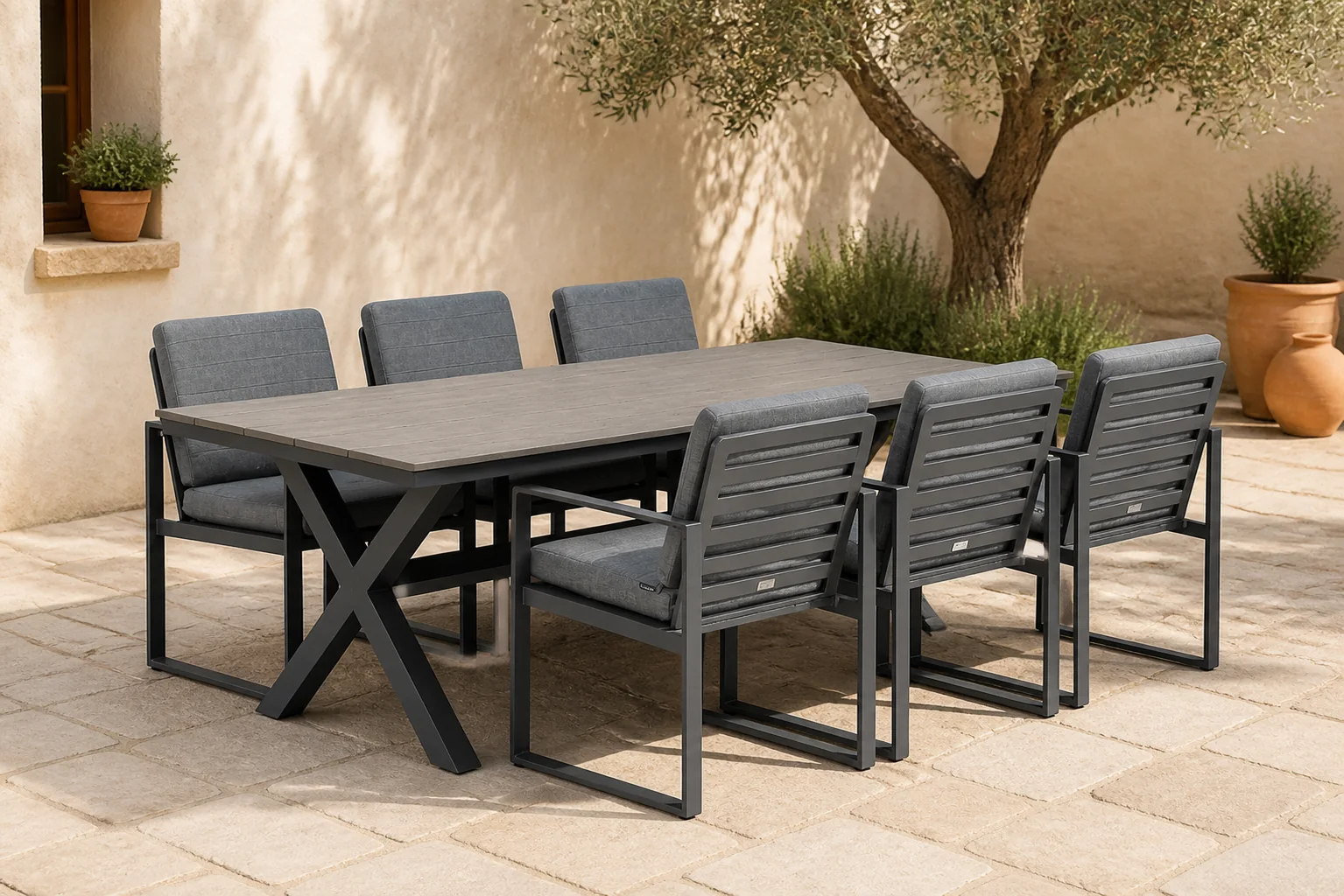 Sfeerfoto van Santika Furniture Zaga/Forest 240 cm dining tuinset 7-delig – Grijs-antraciet