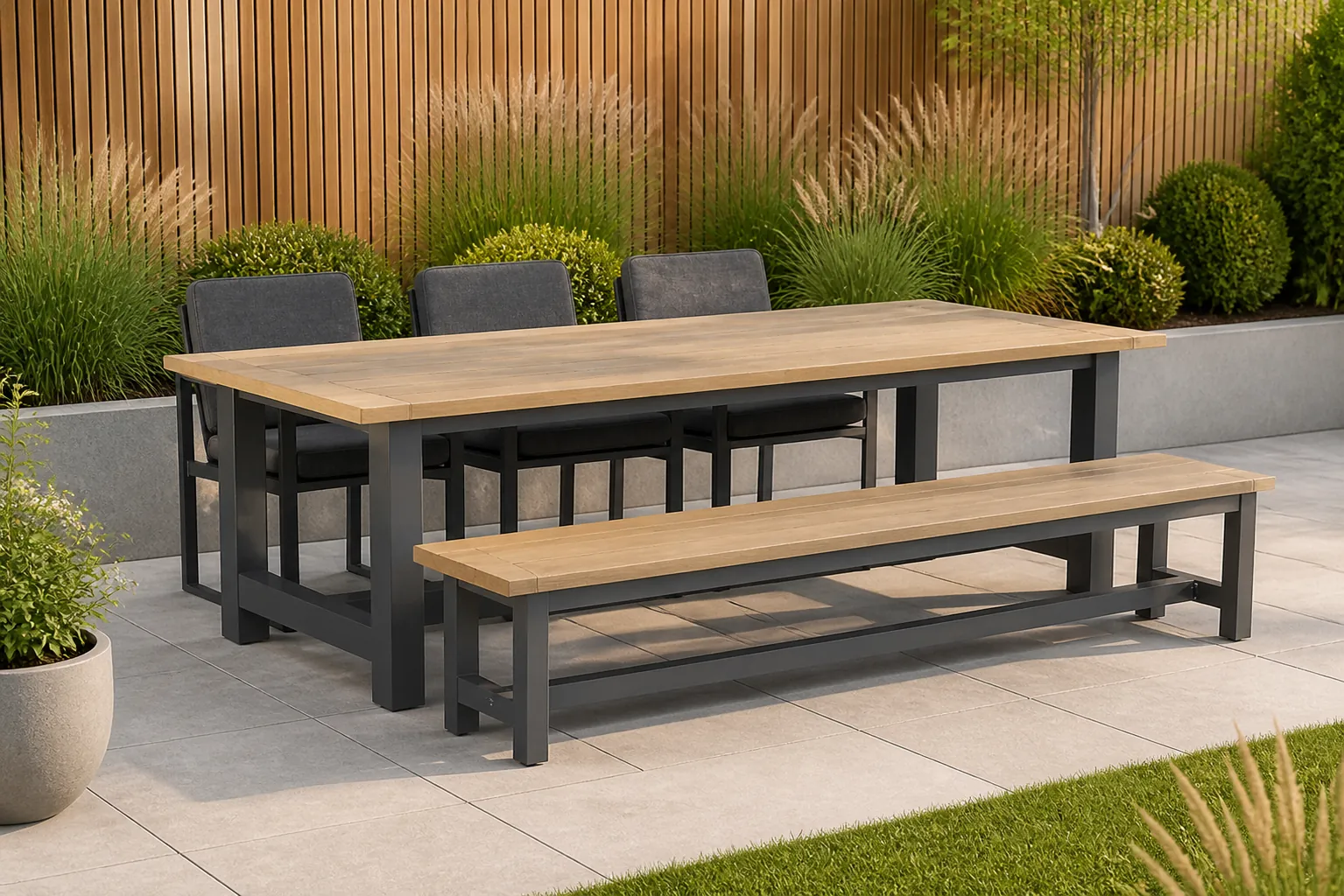 Sfeerfoto van Santika Furniture Zaga/San Francisco 260 cm dining tuinset 5-delig – Grijs-antraciet